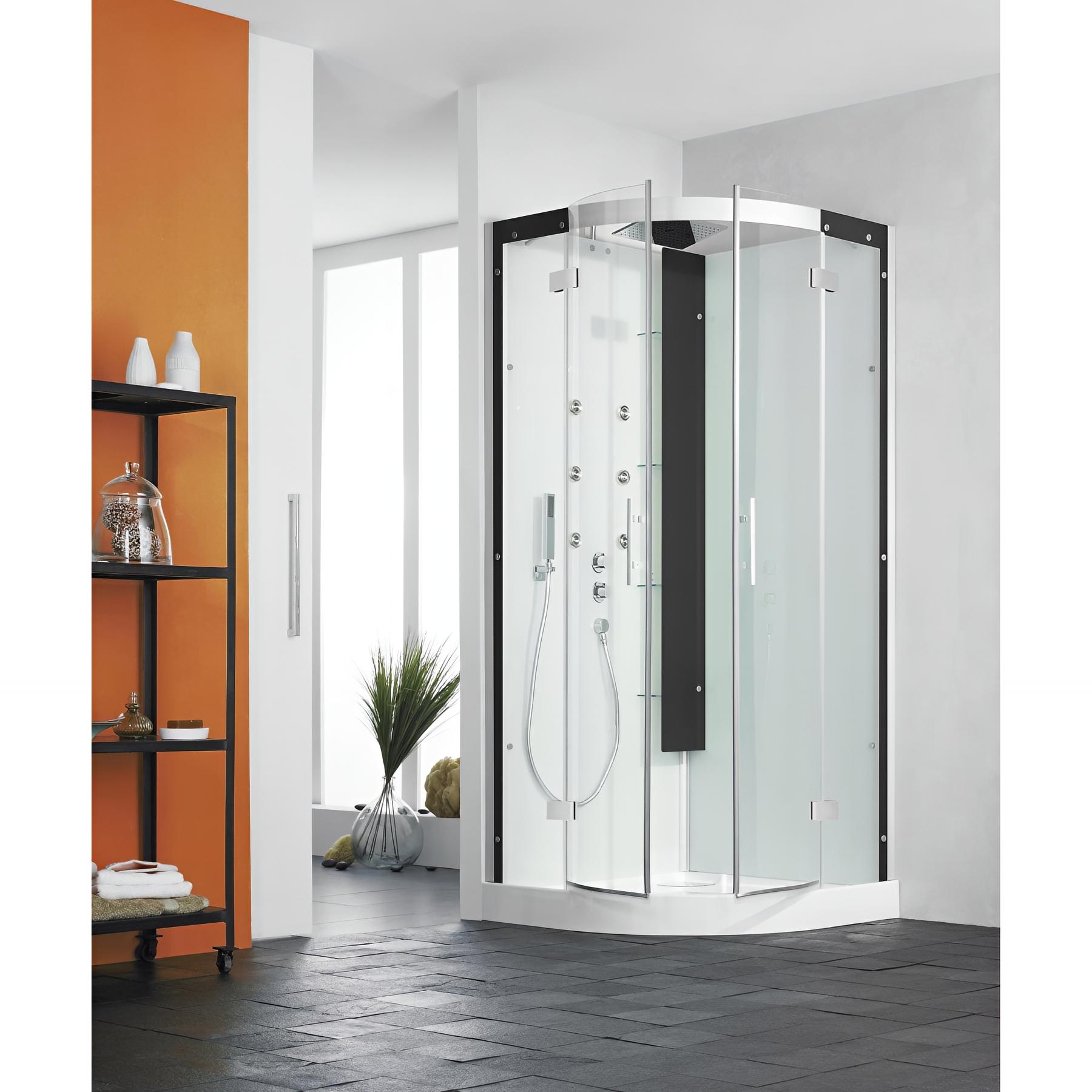 Cabine de douche hydromassante KINEDO HORIZON 90x90 1/4 de rond hauteur receveur 12,5cm 2 portes pivotantes finition perle noire fabriquée en France