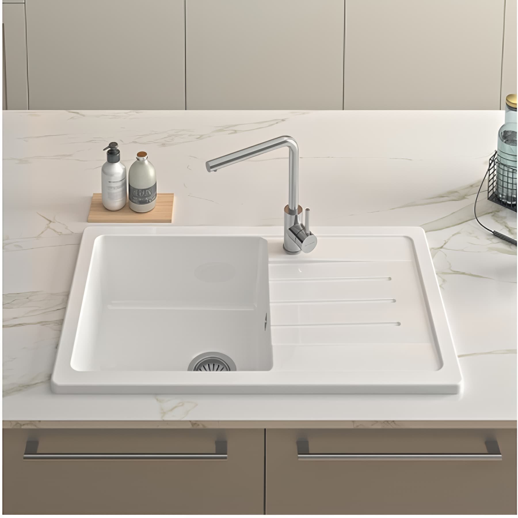 Évier 1 bac gauche 1 égouttoir droite non réversible à encastrer par dessus 85,7x50cm H 21,5cm grès fin SANINDUSA Reno XS blanc avec vidage