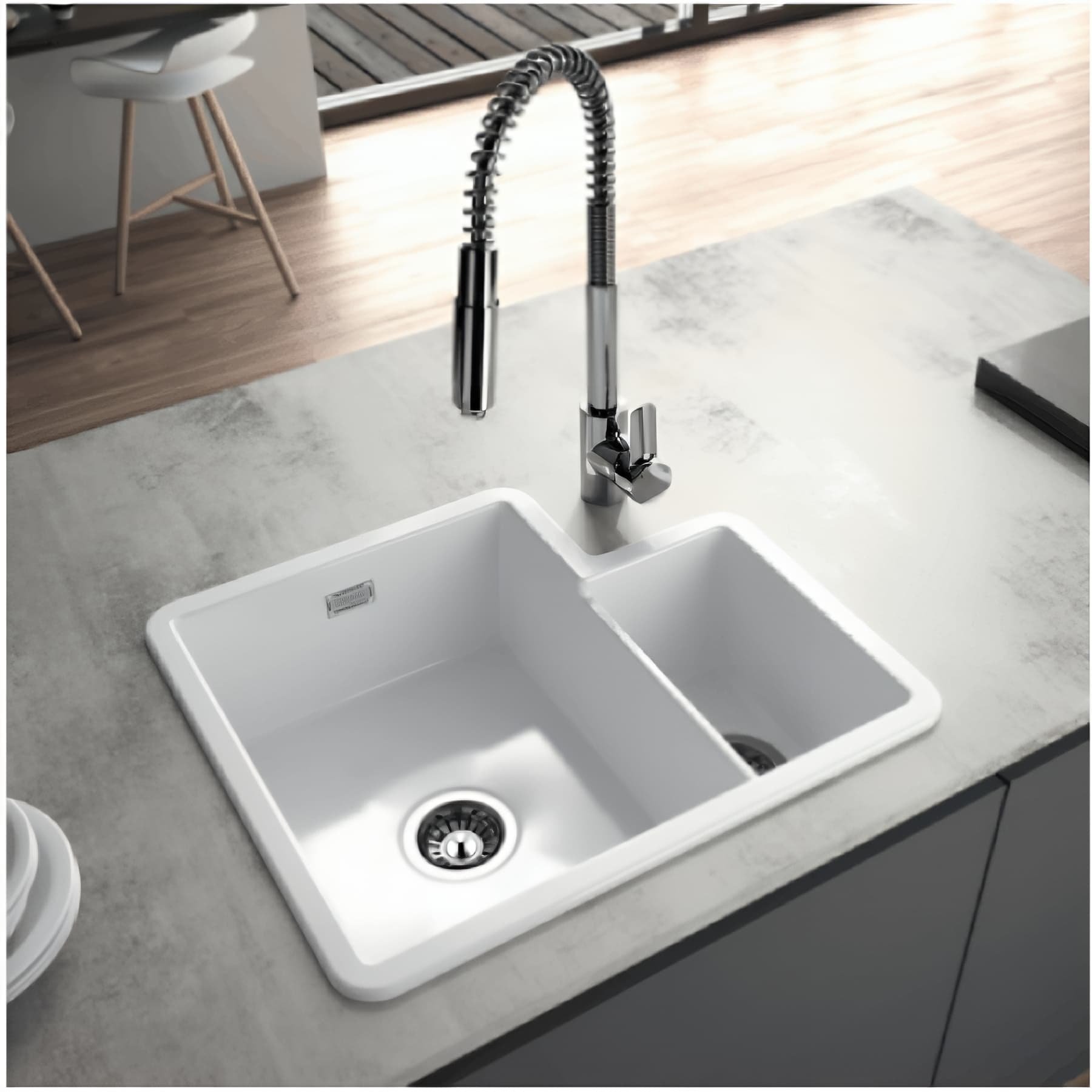 Évier 2 bacs décalés à encastrer par dessus 69,6x52,2cm hauteur 22,3cm céramique SANINDUSA Valet blanc (vidage non inclus)