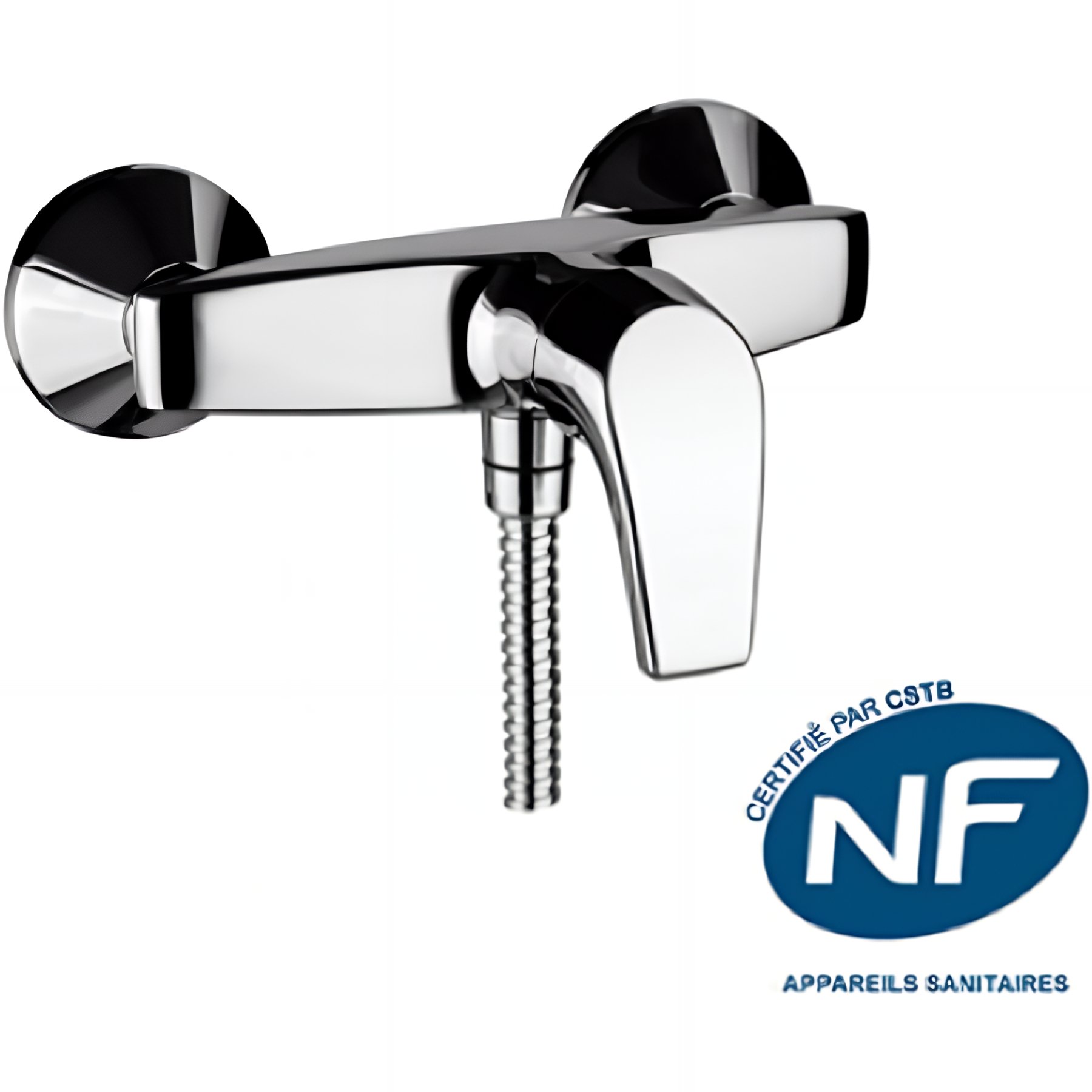 Mitigeur de douche mural contemporain SANINDUSA Easy NF chromé livré avec raccords excentrés et rosaces de finition