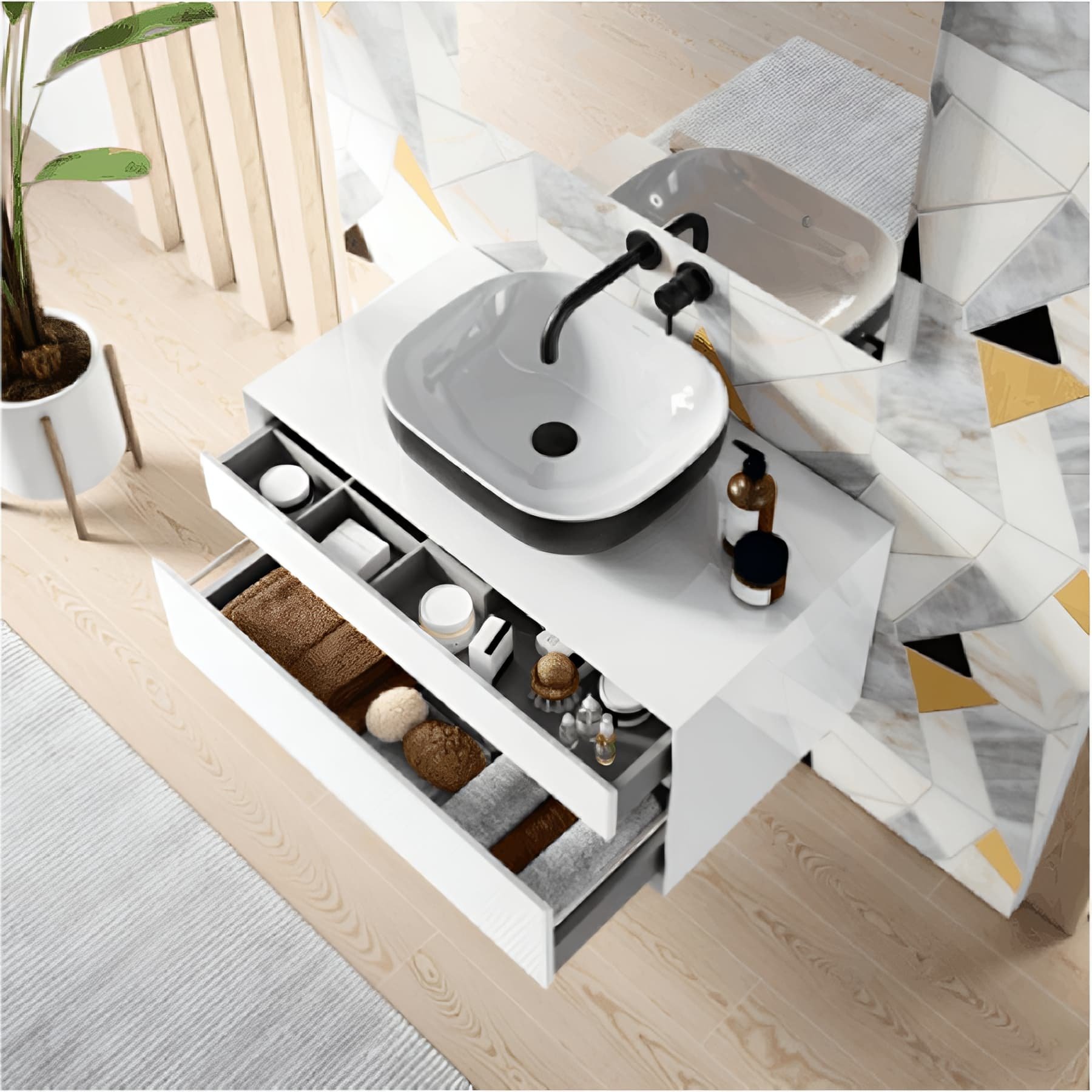 Meuble de salle de bains suspendu 2 tiroirs fermeture ralentie+organiseurs SANINDUSA View 90x45 trou pour vidage d'usine à droite blanc