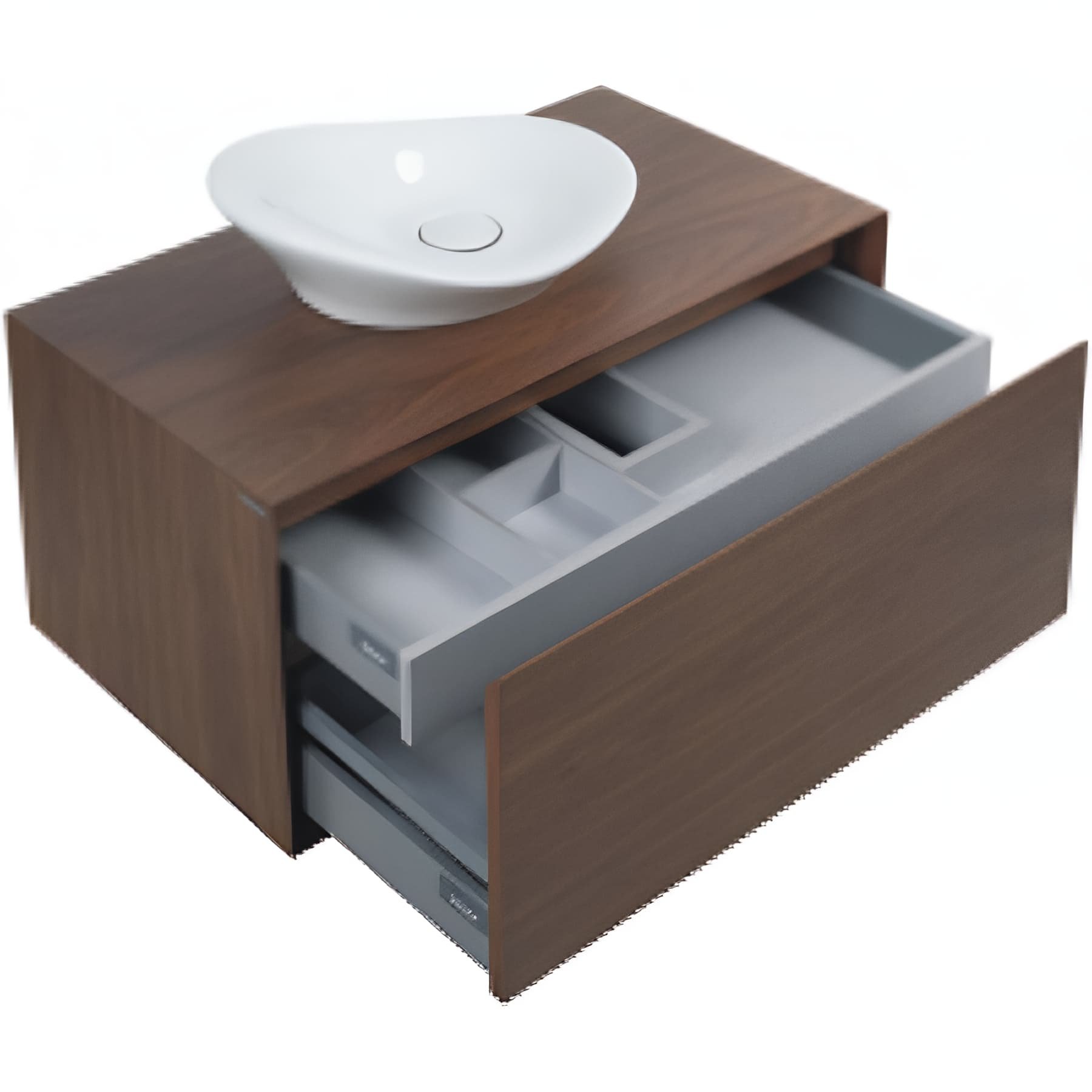 Meuble de salle de bains suspendu 1 double tiroir fermeture ralentie+organiseurs+éclairage SANINDUSA View 90x45 trou pour vidage d'usine couleur noyer