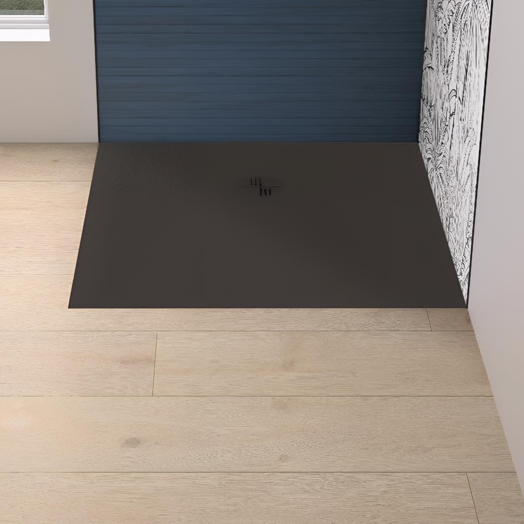 Receveur de douche Kinedo Kineline épaisseur 11cm 80x80 noir texture granit évacuation caniveau cache-bonde assorti et bonde extra-plate