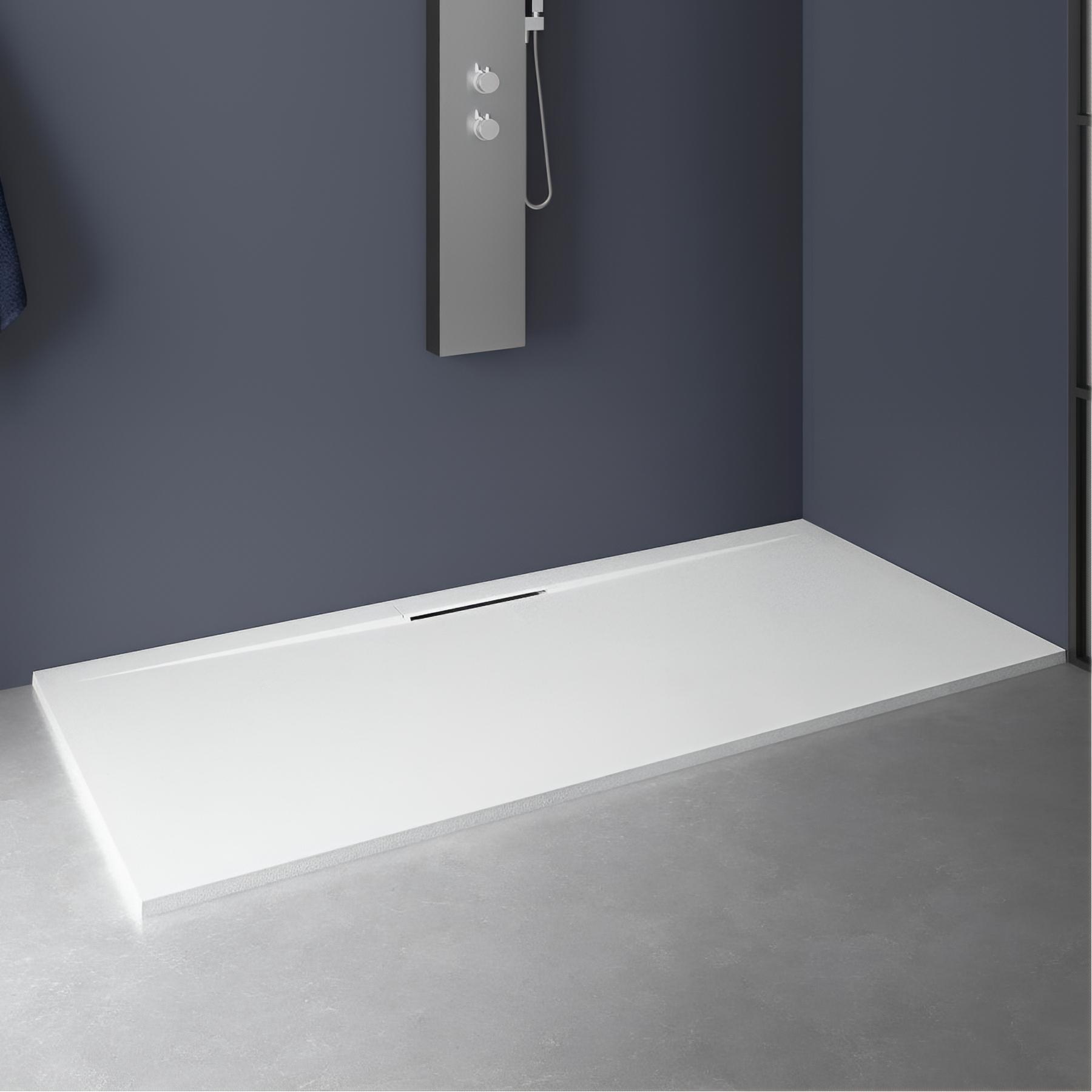 Receveur de douche Kinedo Kineline épaisseur 11cm 160x80 blanc texture granit évacuation caniveau cache-bonde assorti et bonde extra-plate
