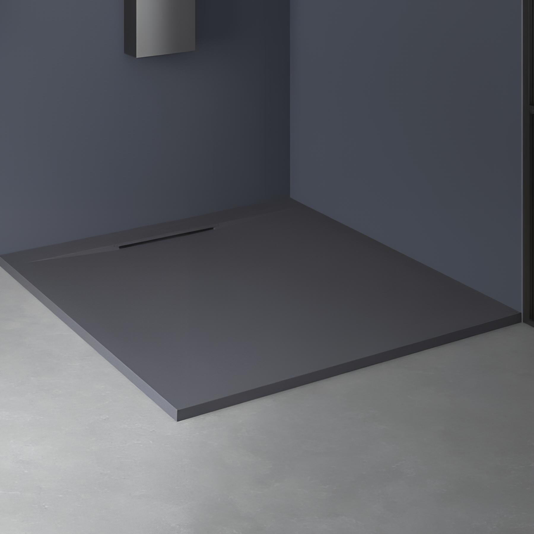 Receveur de douche Kinedo Kineline épaisseur 11cm 80x80 gris anthracite texture granit évacuation caniveau cache-bonde assorti et bonde extra-plate