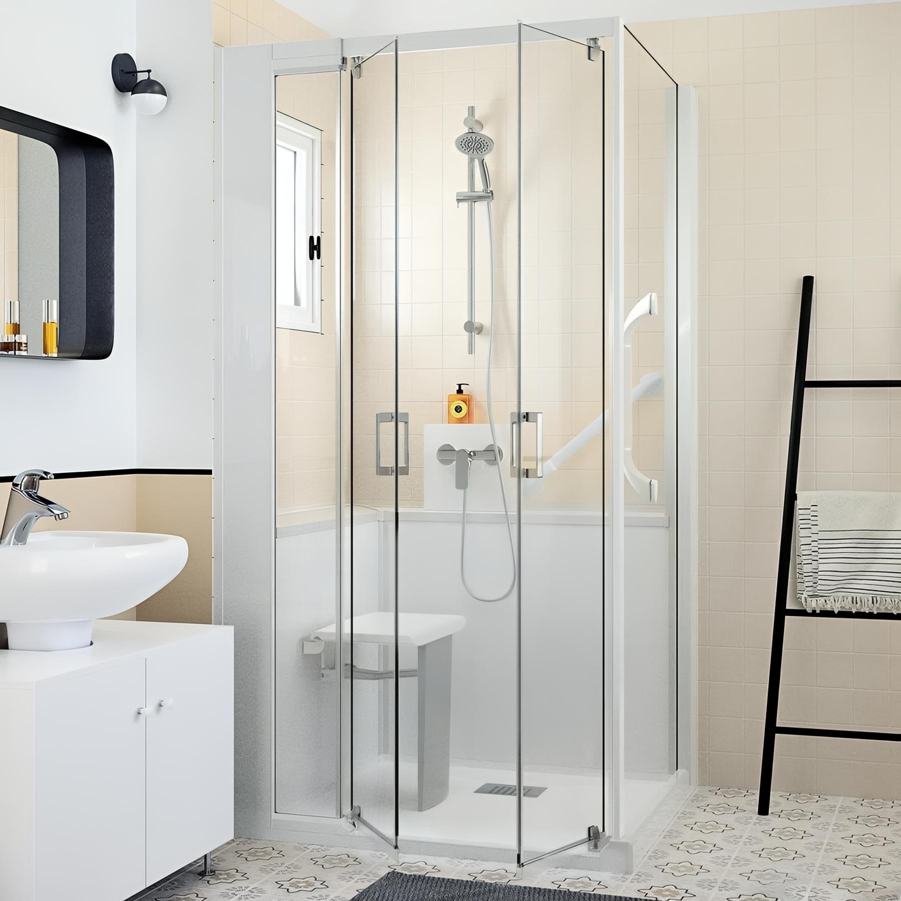 Cabine de douche Kinedo Kinemagic Design 120x90 angle basse 2 portes pivotantes bande dépolie mitigeur thermostatique