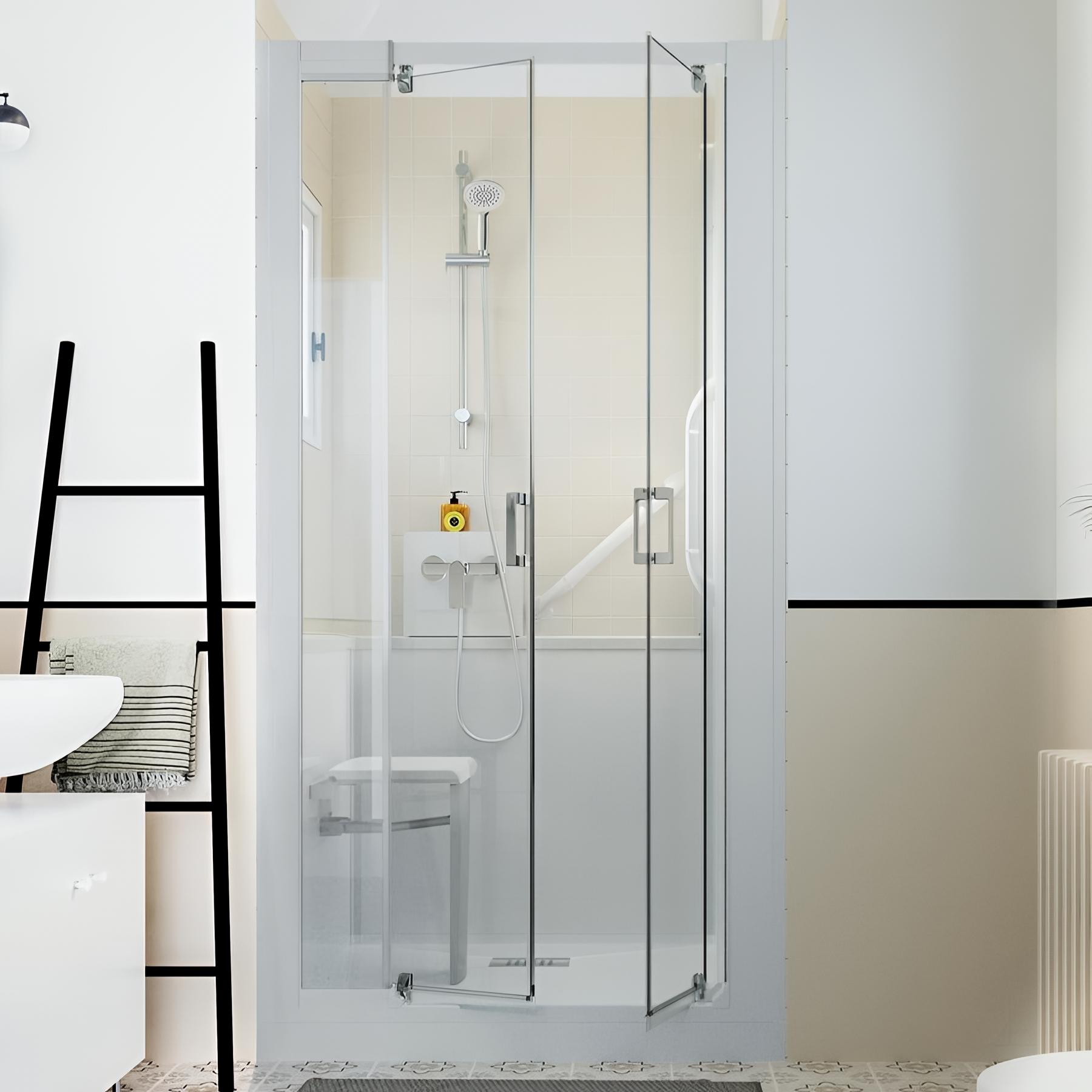 Cabine de douche Kinedo Kinemagic Sérénité 120x80 niche haute 2 portes pivotantes bande dépolie mitigeur mécanique