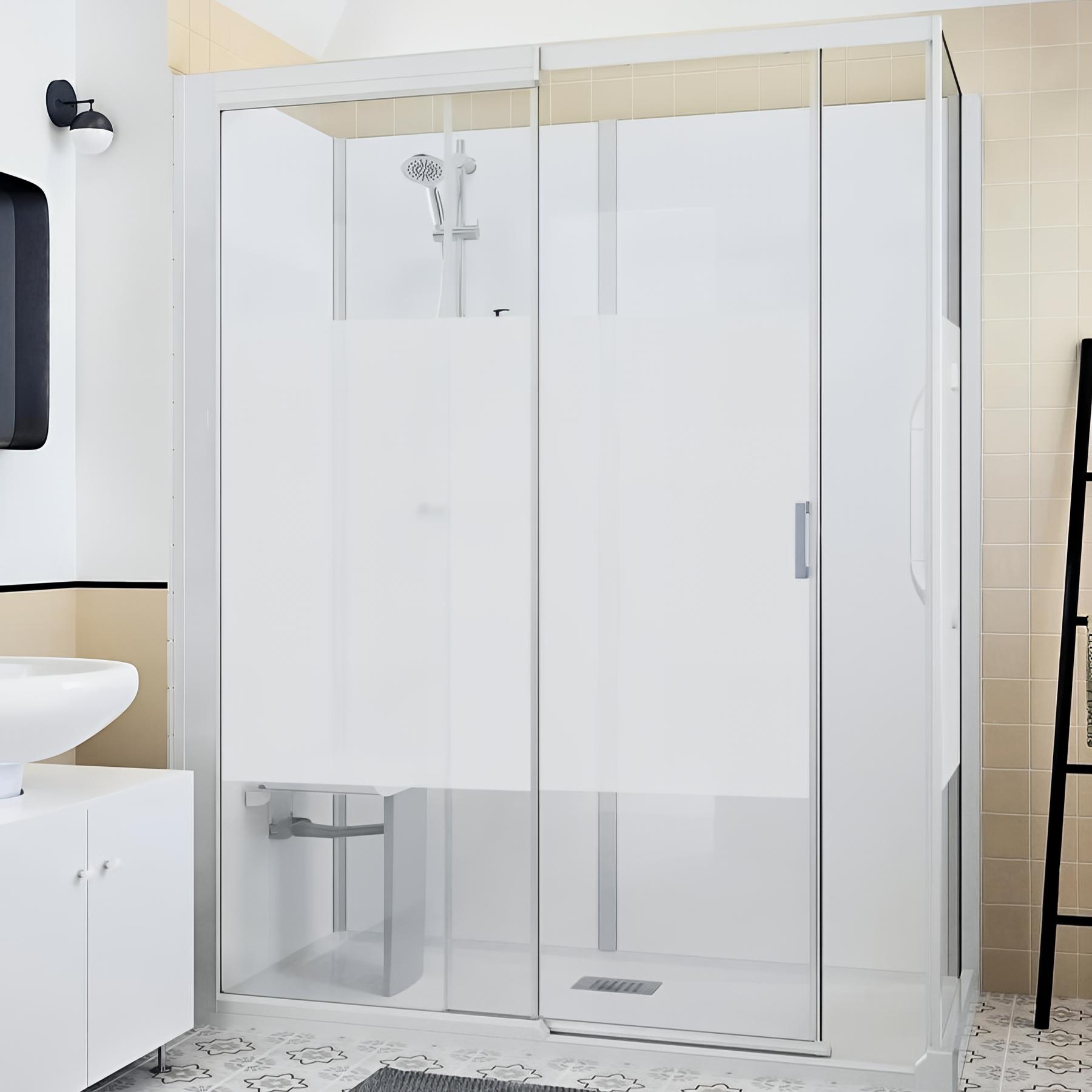 Cabine de douche d'angle KINEDO KINEMAGIC SERENITE Plus 100x70 panneaux d'habillage toute hauteur 1 porte coulissante 1 bande dépolie mitigeur TH