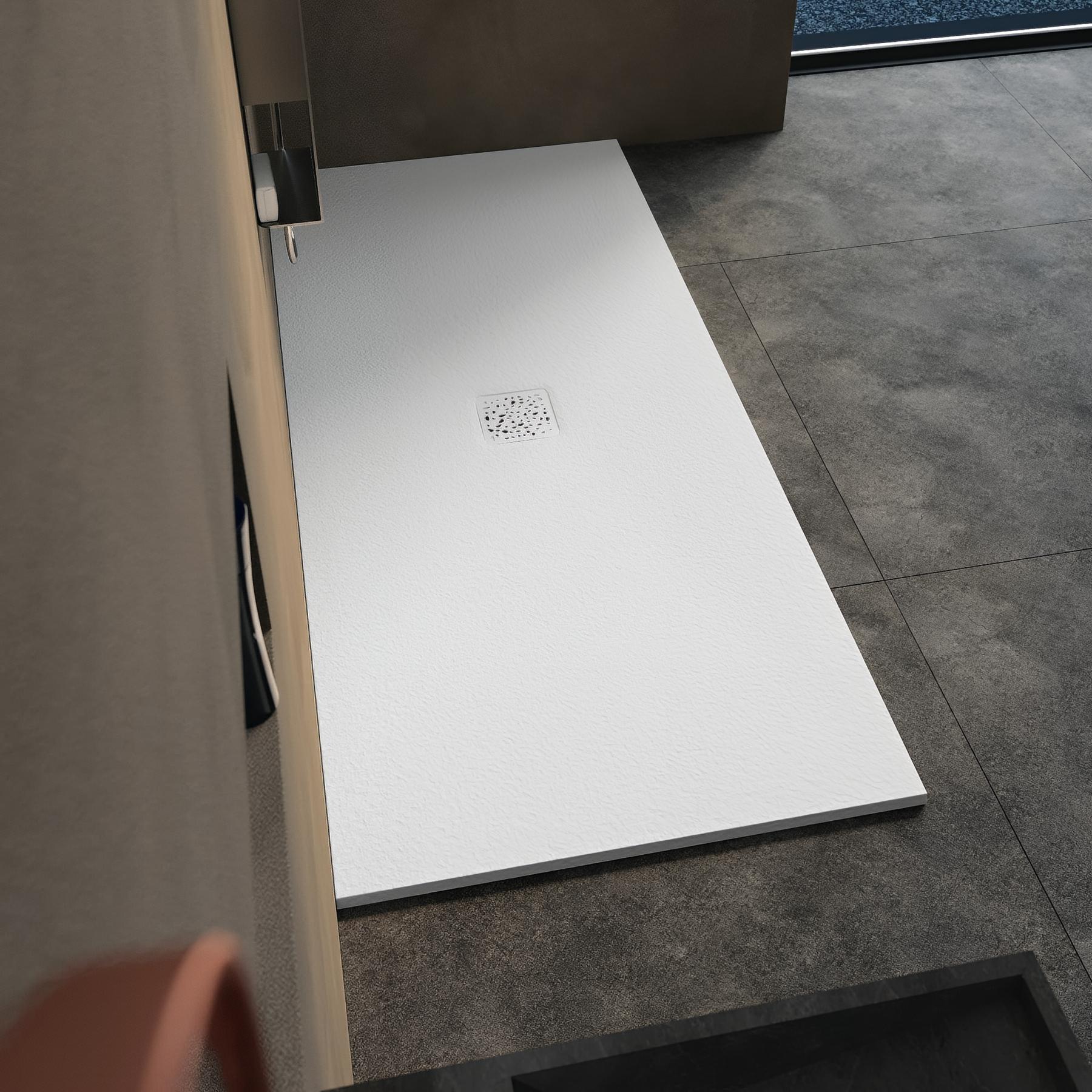 Receveur de douche Kinedo Kinemoon épaisseur 2,6cm Style texture pierre lunaire anti dérapant blanc 140x100 bonde centrale extra plate