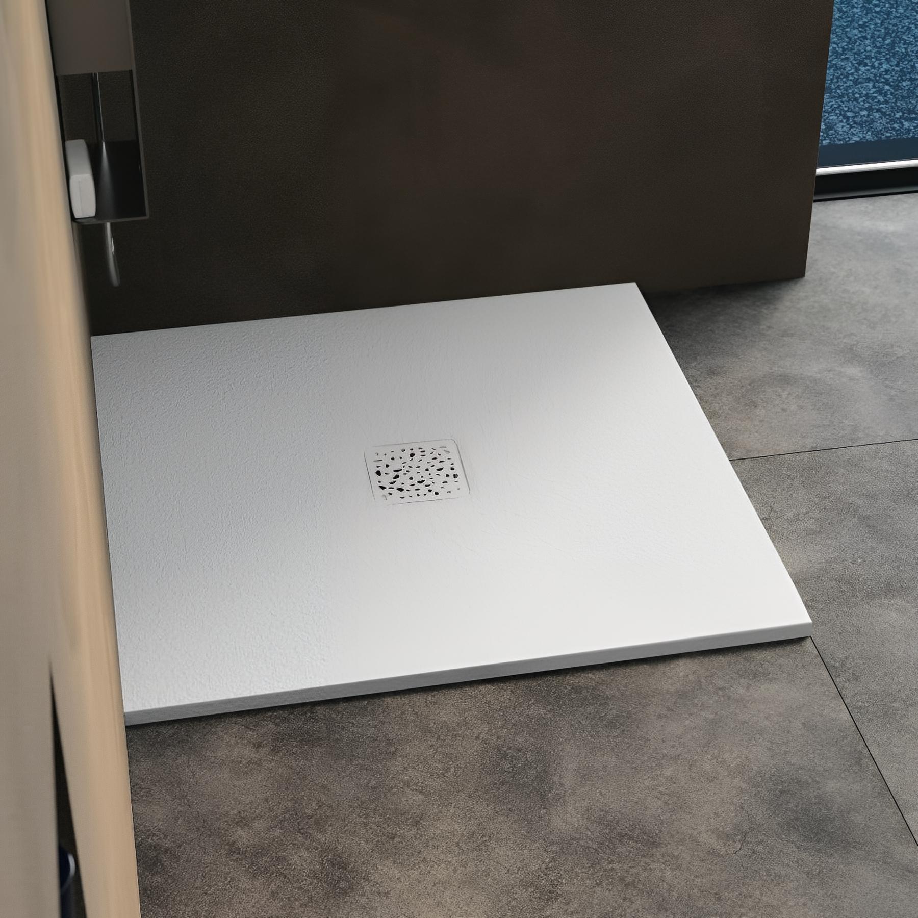 Receveur de douche Kinedo Kinemoon épaisseur 2,6cm Style texture pierre lunaire anti dérapant blanc 80x80 bonde centrale extra plate