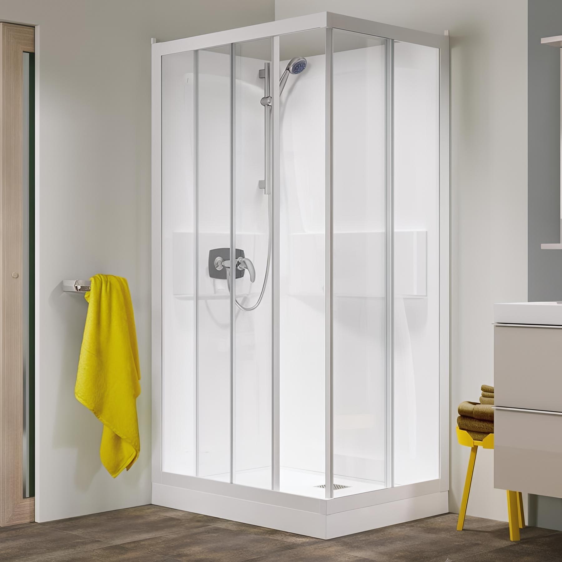 Cabine de douche d'angle KINEDO KINEPRIME 100x80 2 portes coulissantes hauteur du receveur de douche 9cm verre transparent mitigeur mécanique