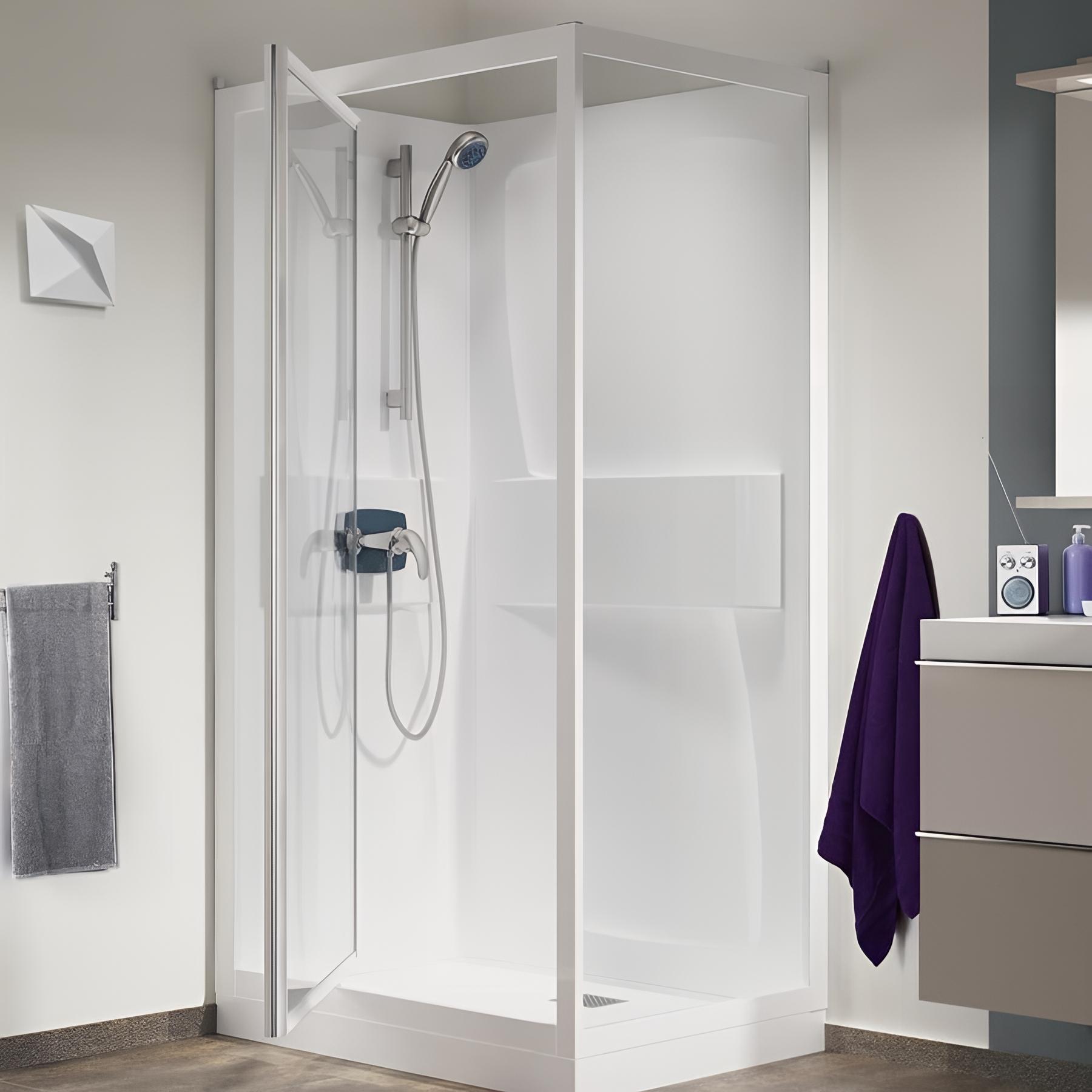 Cabine de douche d'angle KINEDO KINEPRIME 100x80 verre transparent 1 porte pivotante hauteur du receveur de douche 9cm mitigeur mécanique
