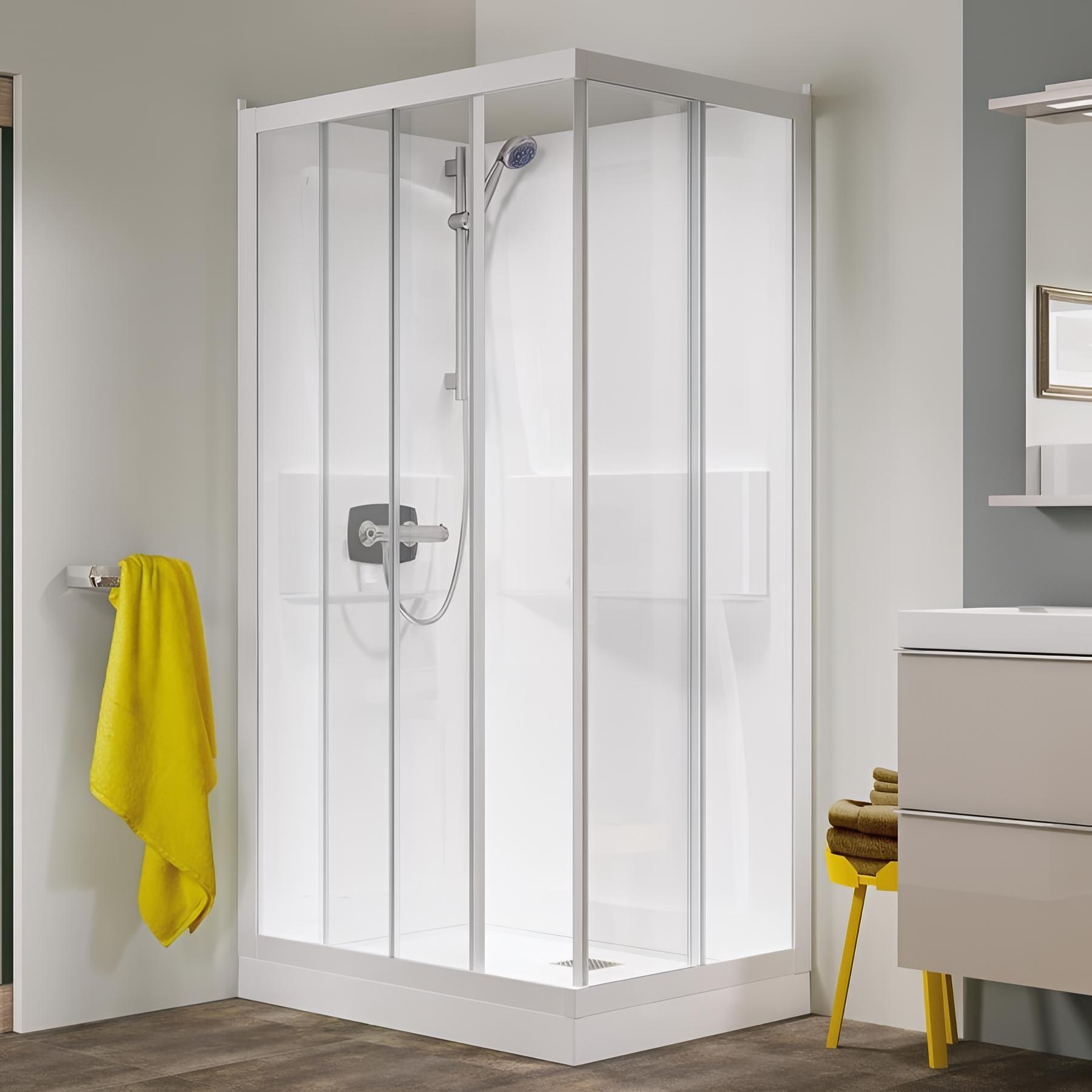 Cabine de douche d'angle KINEDO KINEPRIME 100x80 2 portes coulissantes hauteur du receveur de douche 9cm verre transparent mitigeur thermostatique