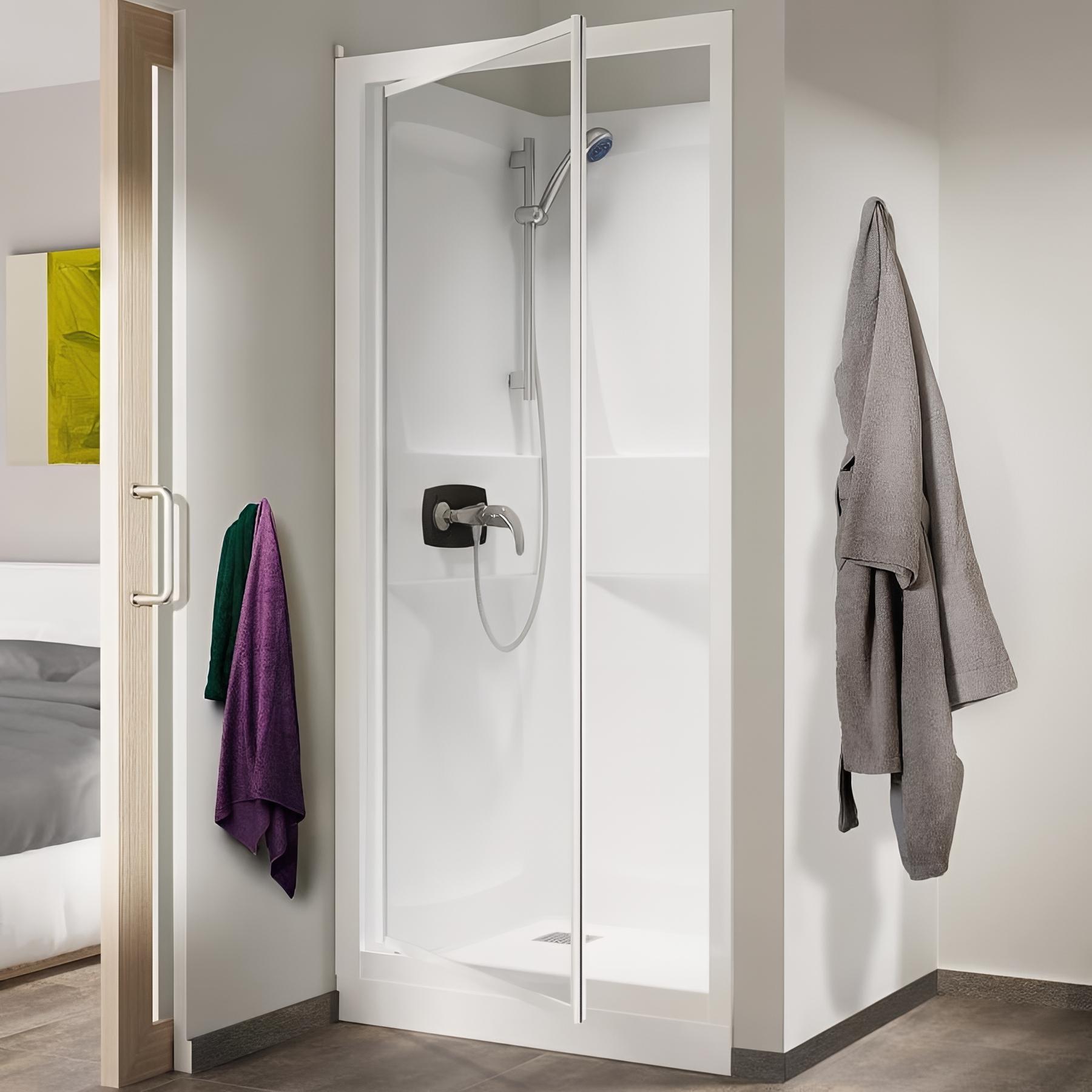 Cabine de douche KINEDO KINEPRIME 90x90 pose en niche 1 porte pivotante verre transparent hauteur du receveur de douche 18cm mitigeur mécanique