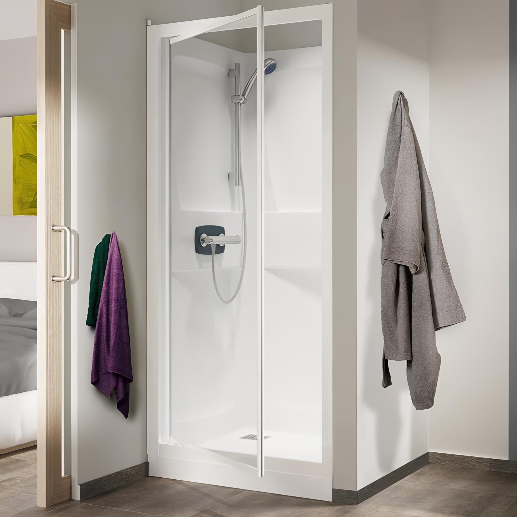 Cabine de douche KINEDO KINEPRIME 90x90 pose en niche 1 porte pivotante verre transparent hauteur receveur de douche 18cm mitigeur thermostatique