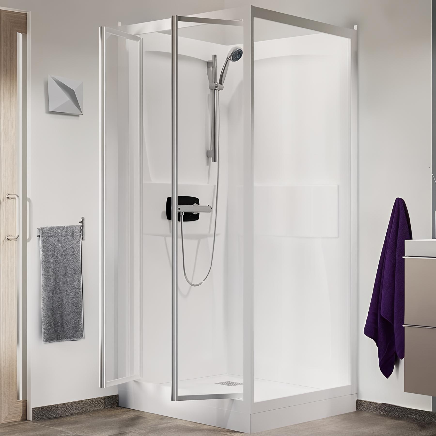 Cabine de douche d'angle KINEDO KINEPRIME 100x80 verre transparent 2 portes pivotantes hauteur du receveur de douche 9cm mitigeur thermostatique