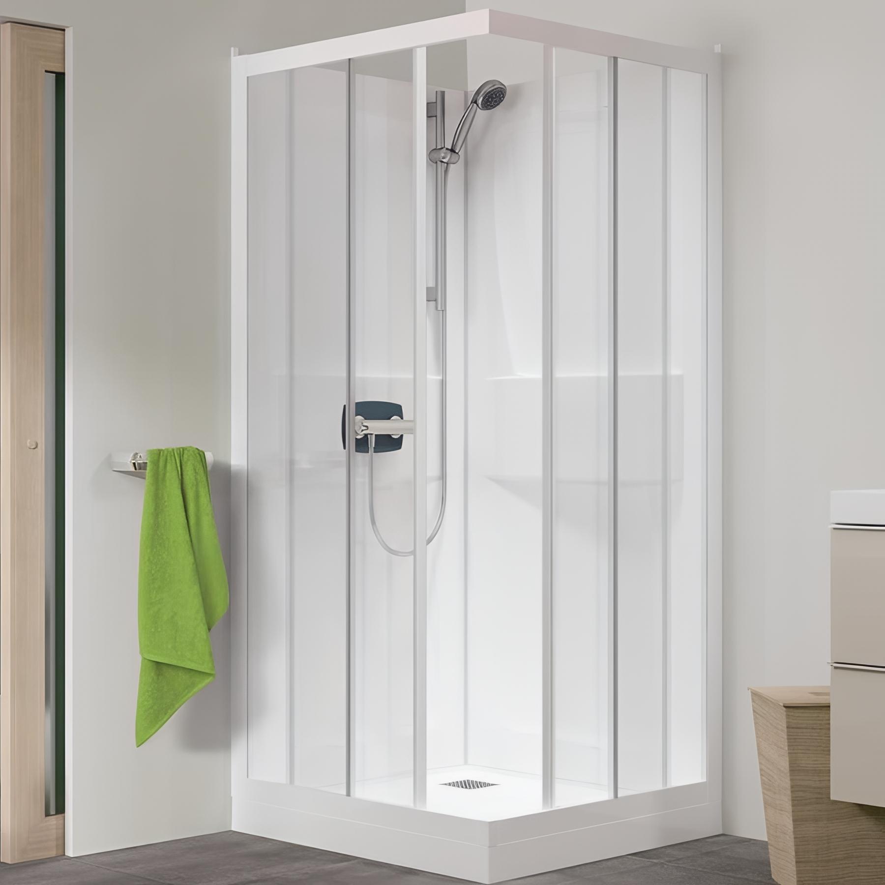 Cabine de douche d'angle KINEDO KINEPRIME 70x70 hauteur du receveur de douche 9cm 2 portes coulissantes verre transparent mitigeur thermostatique