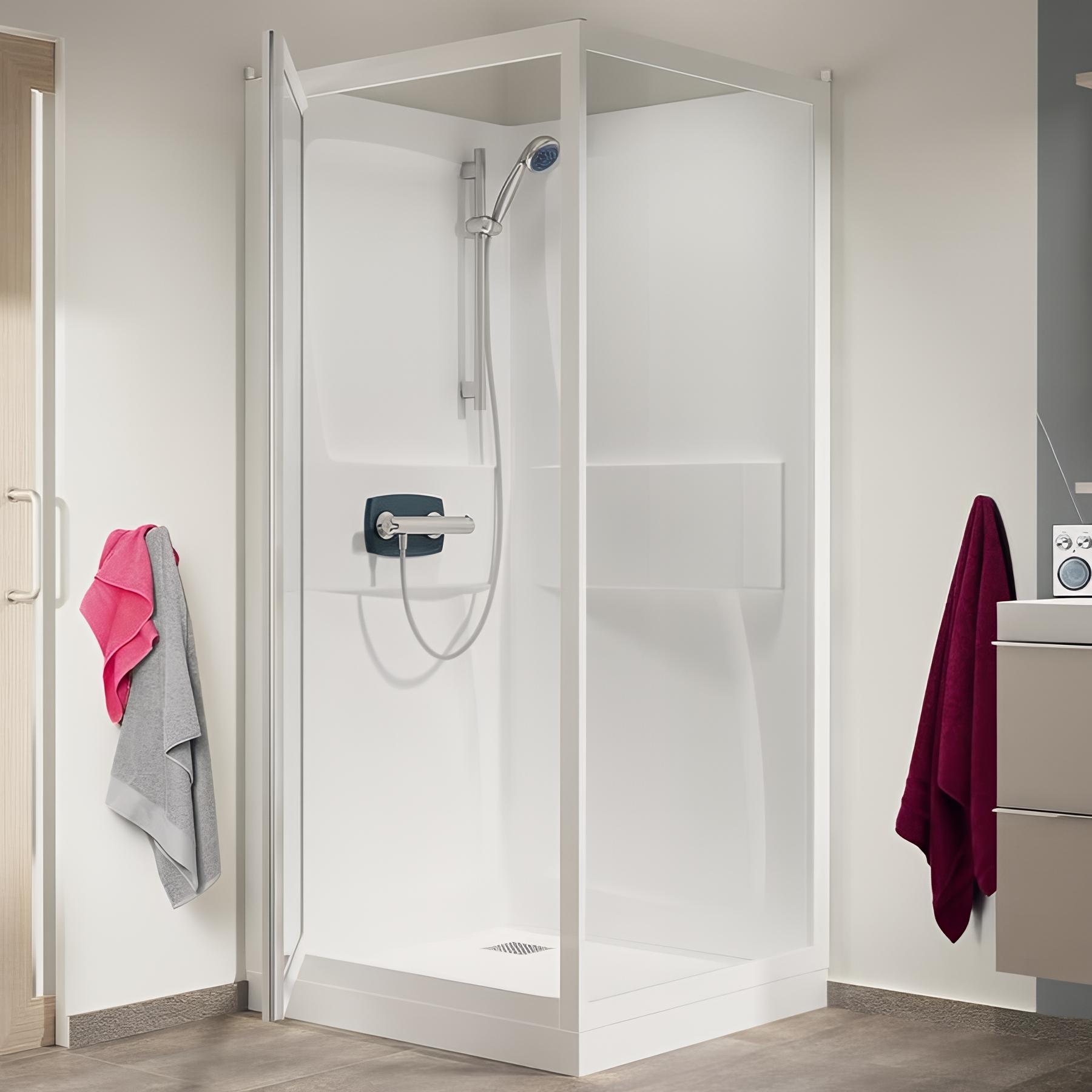 Cabine de douche KINEDO KINEPRIME 90x90 1 porte pivotante verre transparent hauteur du receveur de douche 18cm mitigeur thermostatique