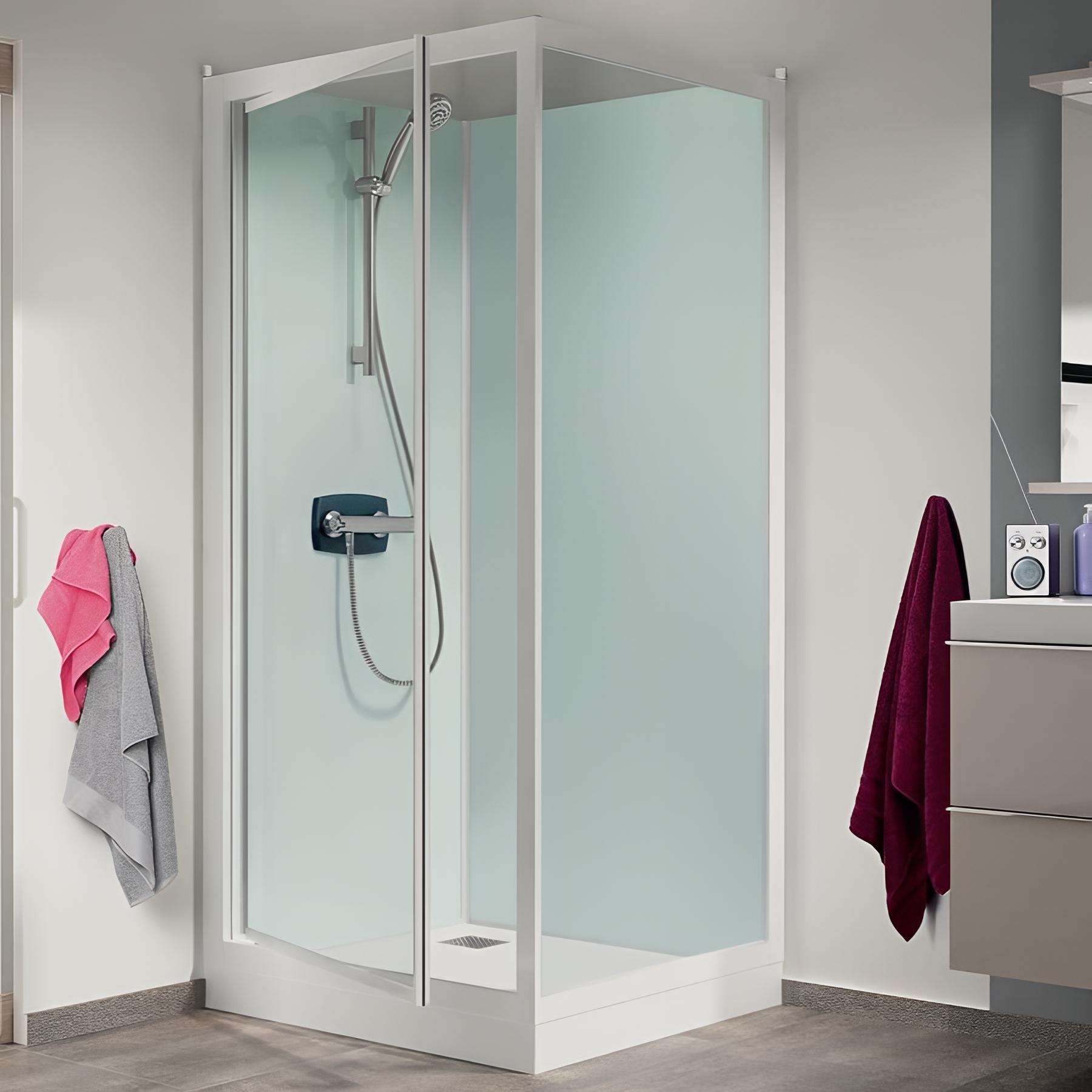 Cabine de douche d'angle KINEDO GLASS 100x80 hauteur du receveur de douche 9cm 1 porte pivotante mitigeur thermostatique fabriqué en France