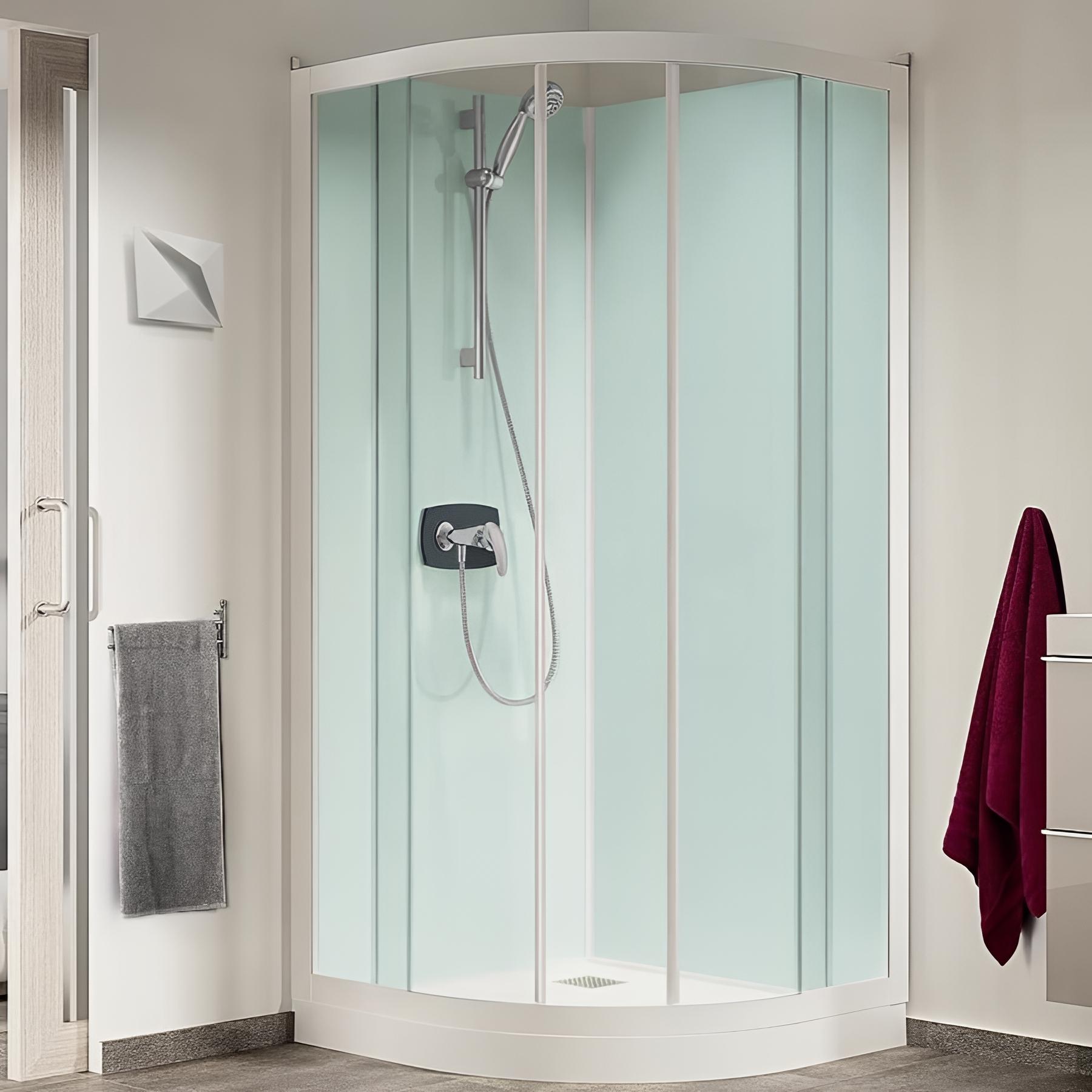 Cabine de douche KINEDO GLASS 80x80 1/4 de rond hauteur du receveur de douche 9cm 2 portes coulissantes mitigeur mécanique fabriqué en France