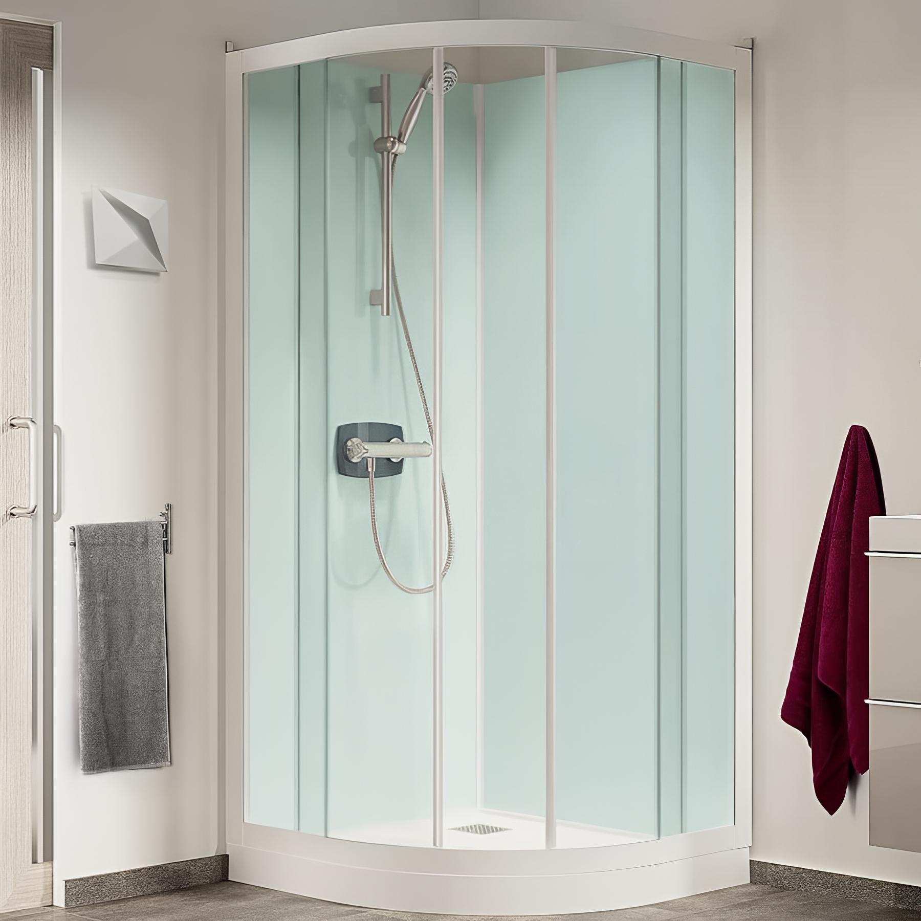 Cabine de douche KINEDO GLASS 80x80 1/4 de rond hauteur du receveur de douche 9cm 2 portes coulissantes mitigeur thermostatique fabriqué en France