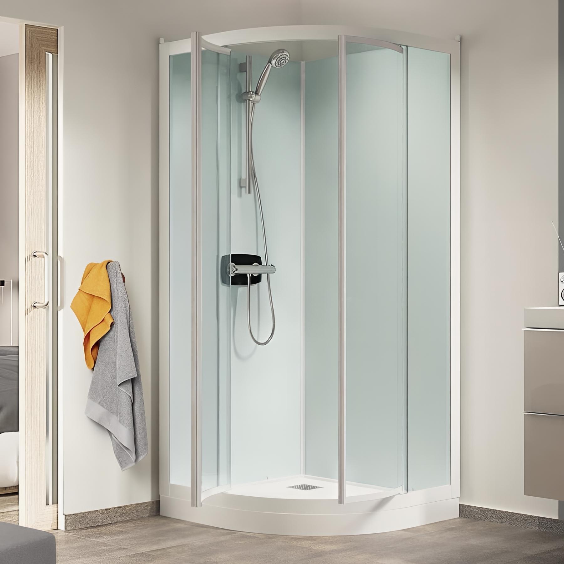 Cabine de douche KINEDO GLASS 80x80 1/4 de rond hauteur du receveur de douche 9cm 2 portes pivotantes mitigeur thermostatique fabriqué en France