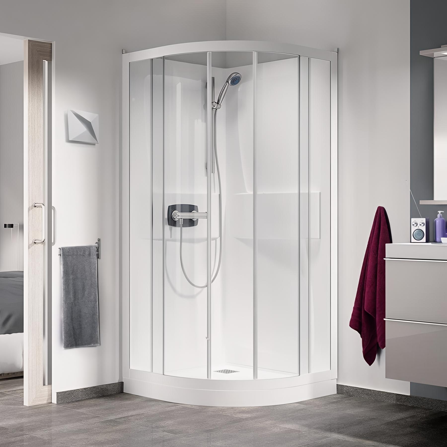 Cabine de douche KINEDO KINEPRIME 80x80 1/4 de rond verre transparent hauteur du receveur de douche 18cm 2 portes pivotantes mitigeur thermostatique