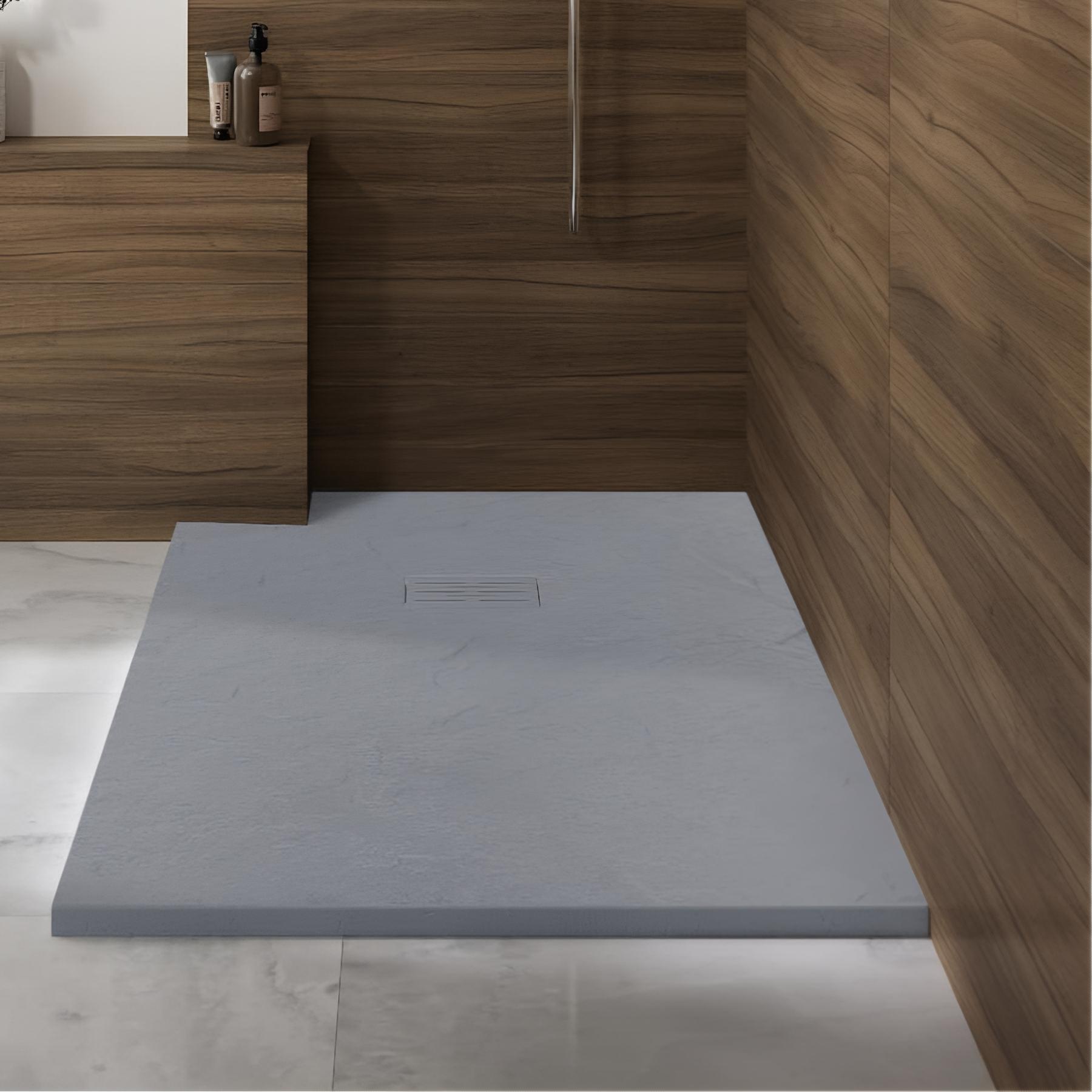 Receveur de douche Kinedo Kinerock Evo 100x90 gris pierre, texture minérale avec grille assortie et bonde extra-plate