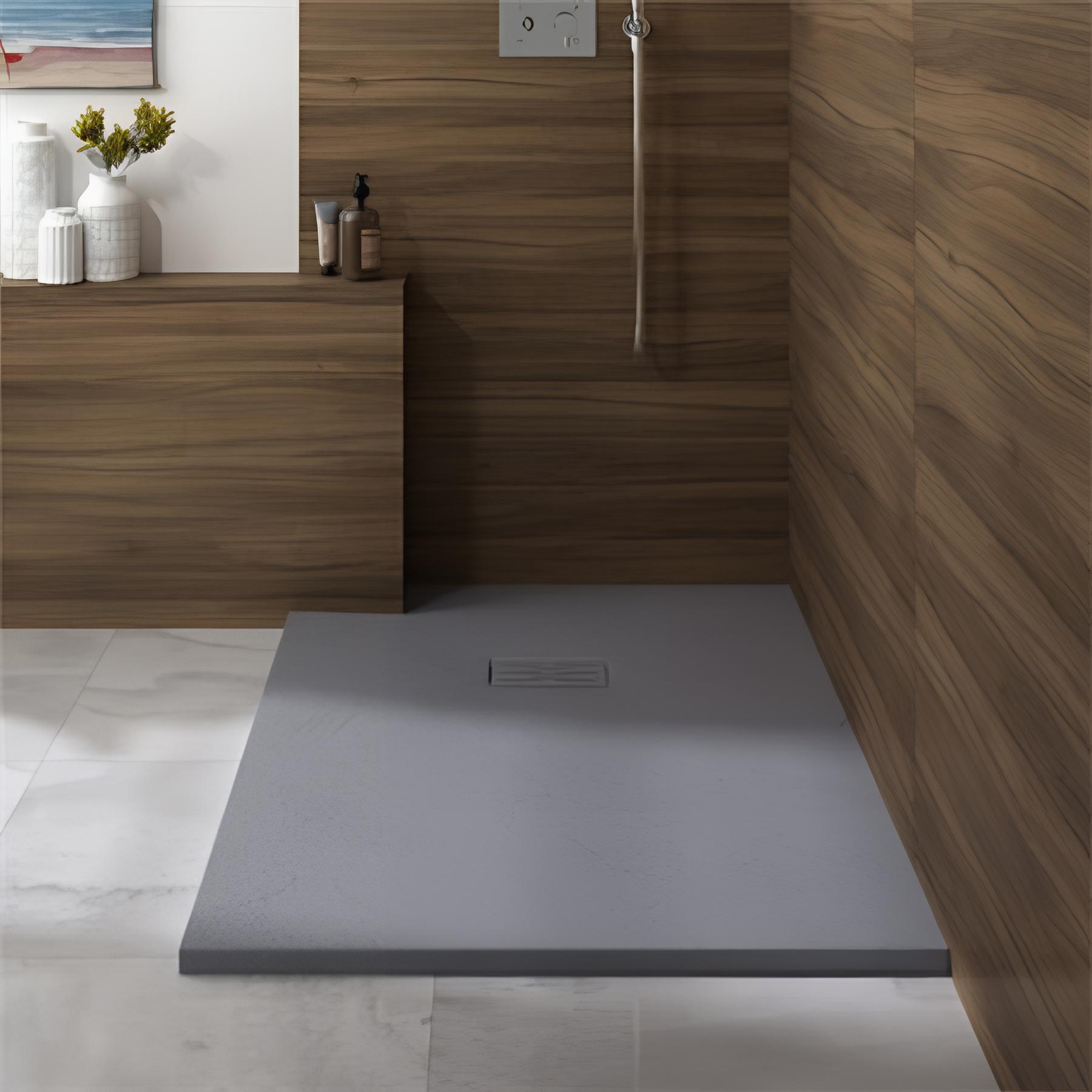 Receveur de douche Kinedo Kinerock Evo 100x100 gris pierre, texture minérale avec grille assortie et bonde extra-plate