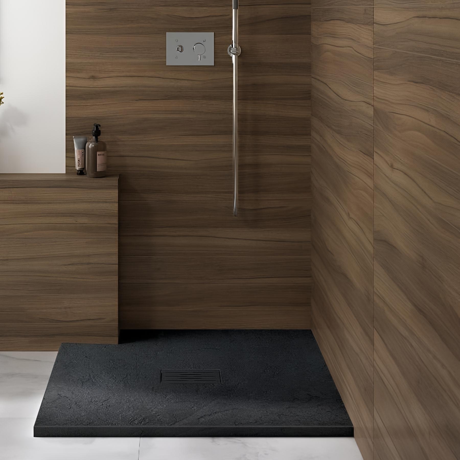 Receveur de douche Kinedo Kinerock Evo 100x100 noir, texture minérale avec grille assortie et bonde extra-plate