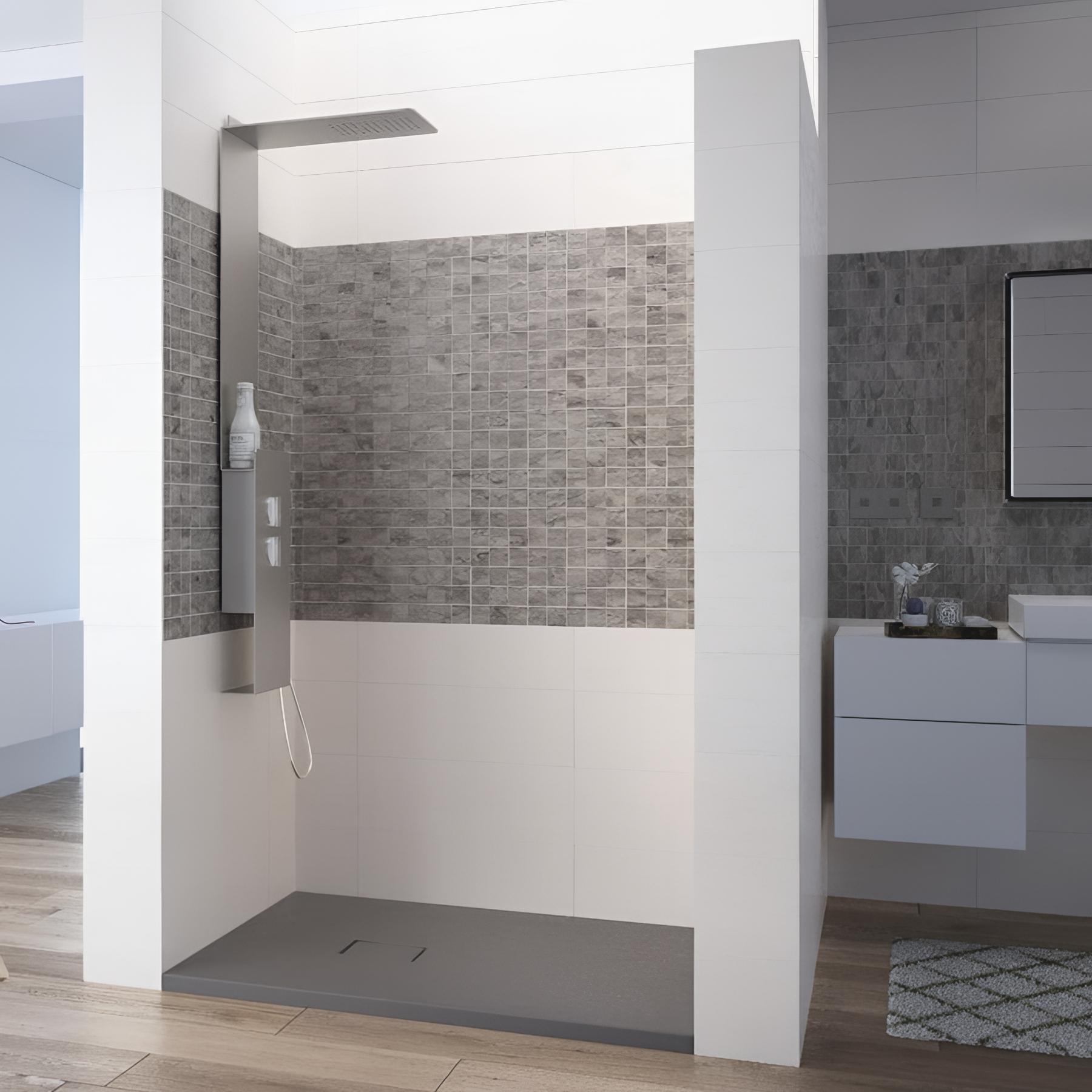 Receveur de douche Kinedo Kinesurf découpable 80x80 gris béton aspect pierre avec cache-bonde assorti et bonde extra-plate