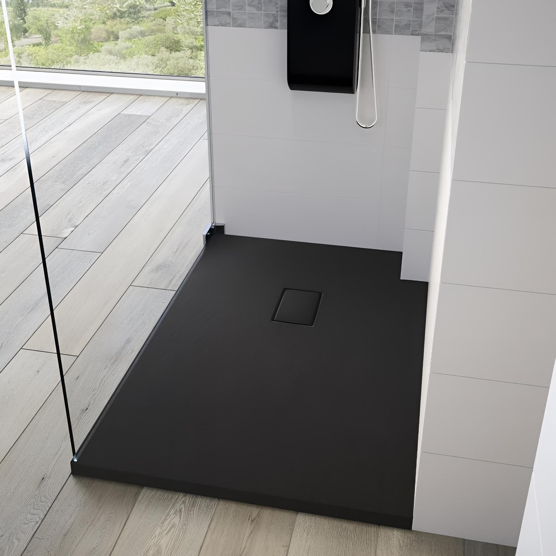 Receveur de douche Kinedo Kinesurf découpable 100x90 noir aspect pierre avec cache-bonde assorti et bonde extra-plate