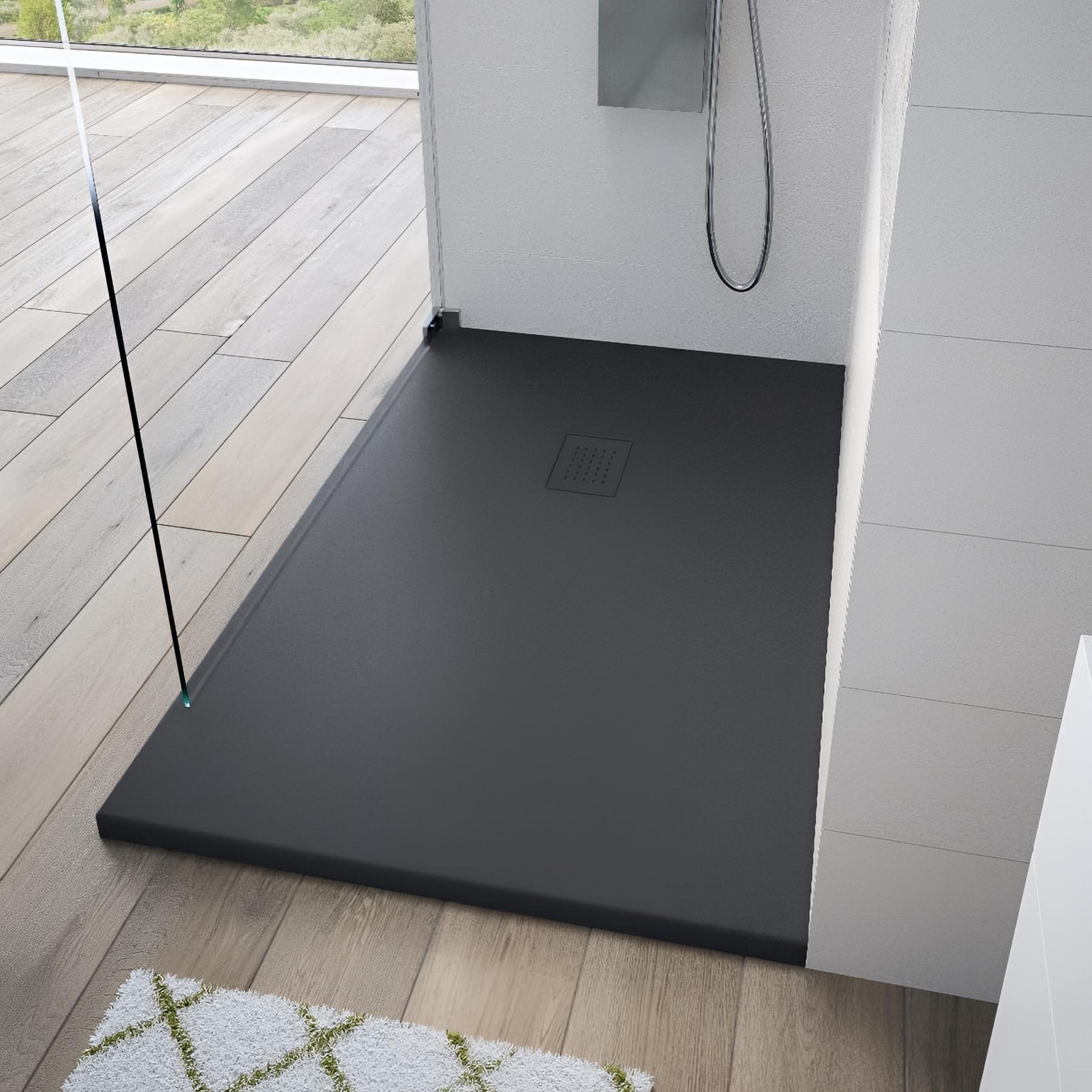 Receveur de douche Kinedo Kinesurf découpable 160X100 noir mat grainé avec grille assortie et bonde extra-plate