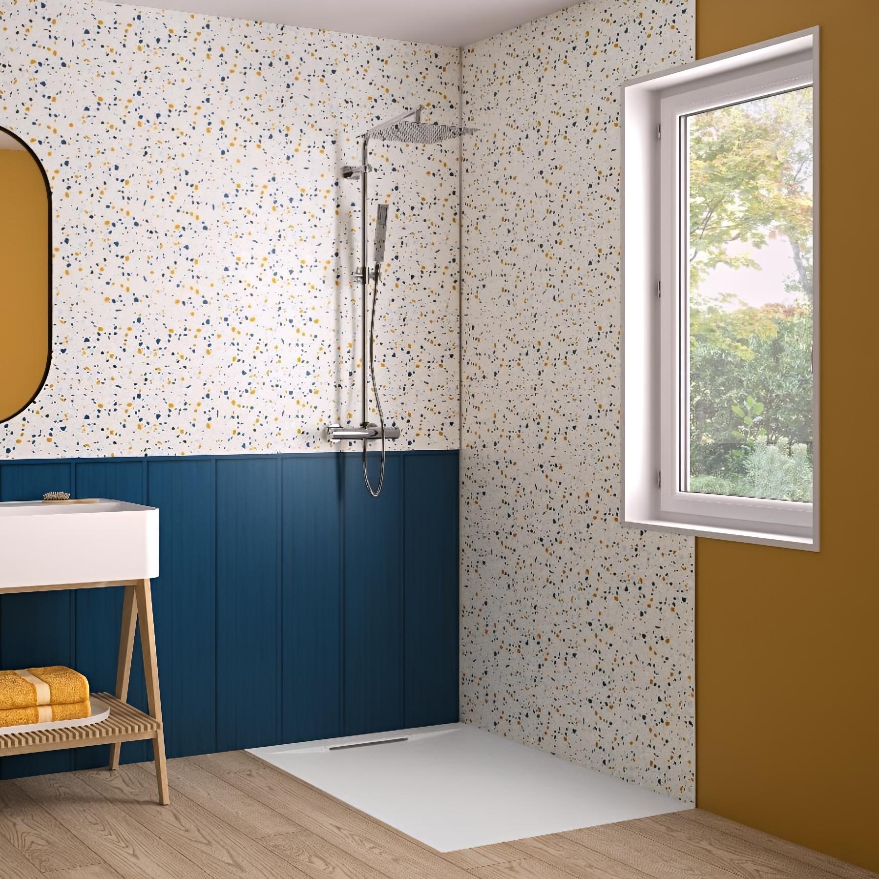Panneau mural salle de bain hydrofuge multicouche PVC/ALU/PVC KINEDO Kinéwall Design épaisseur 3 mm 125x202 bardage + terrazzo bleu