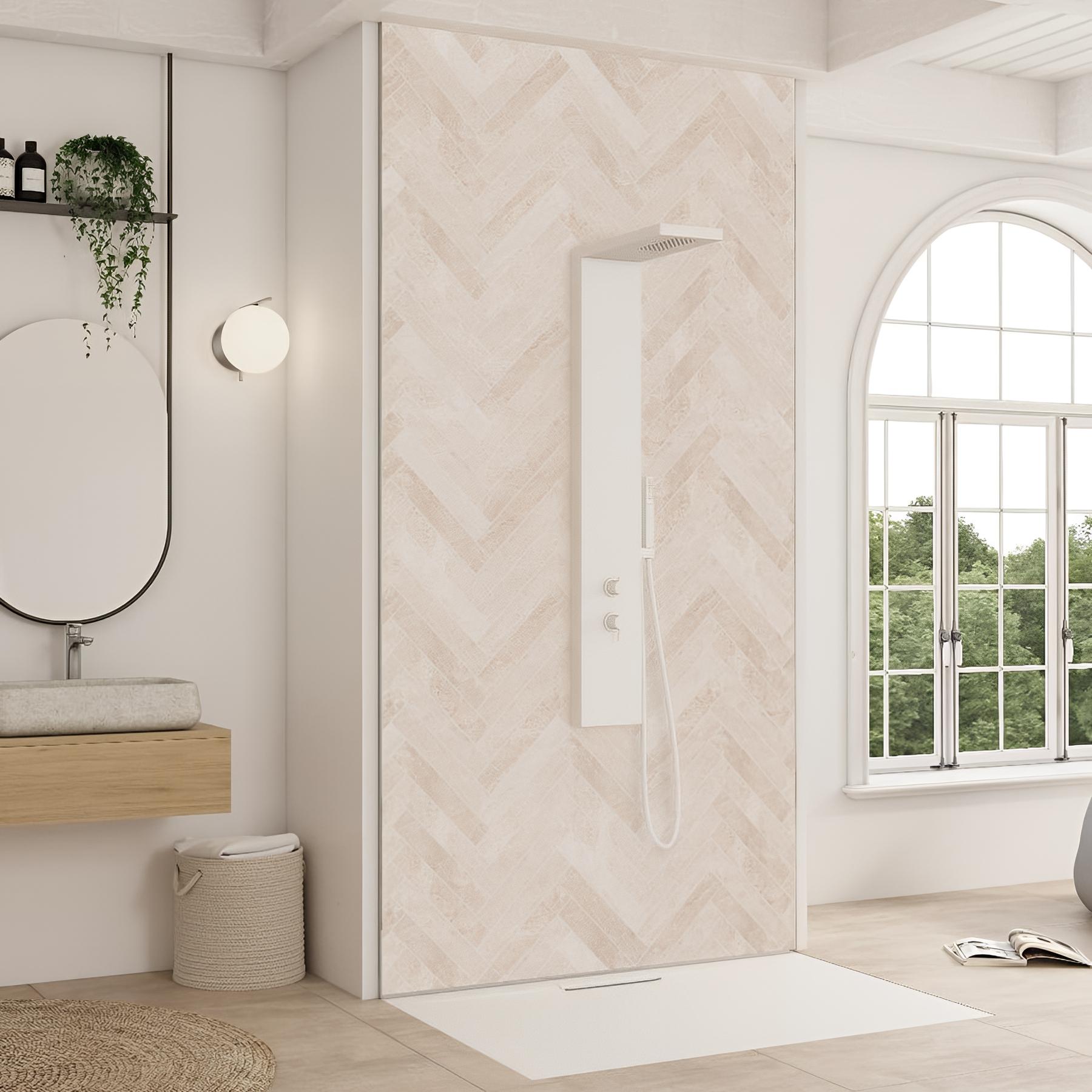 Panneau mural salle de bain hydrofuge multicouche PVC/ALU/PVC KINEDO Kinéwall Design épaisseur 3 mm 100x250 écaille blanche