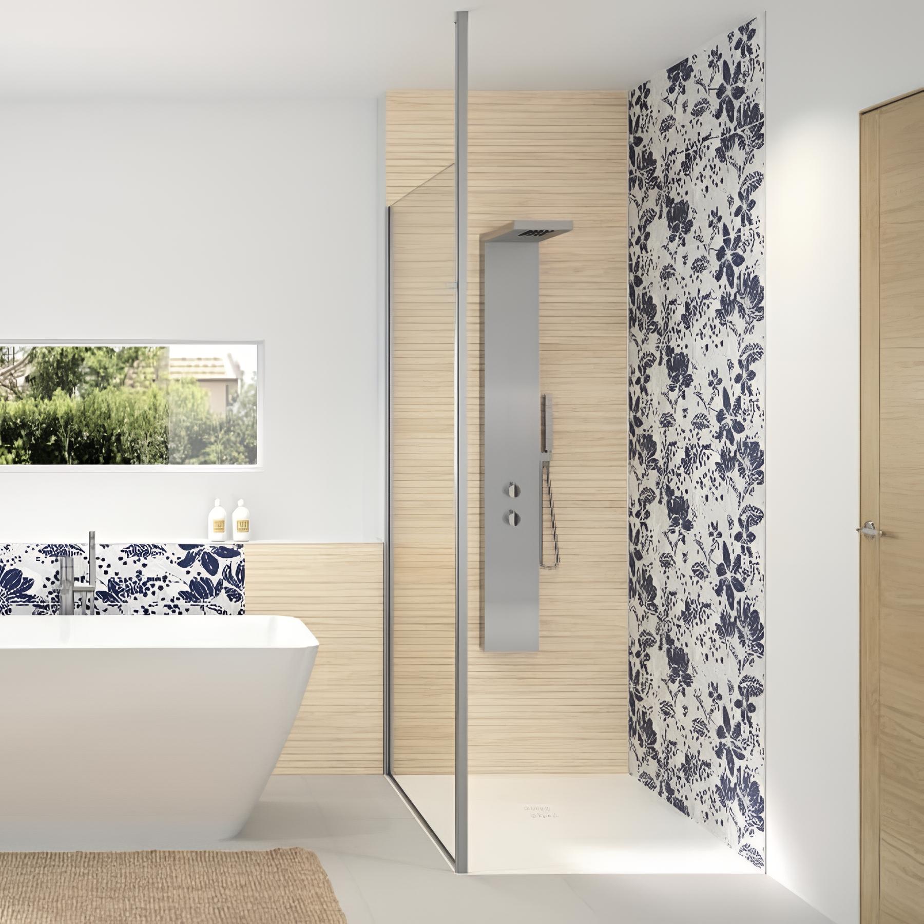 Panneau mural salle de bain hydrofuge multicouche PVC/ALU/PVC KINEDO Kinéwall Design épaisseur 3 mm 125x202 faïence frangipanier