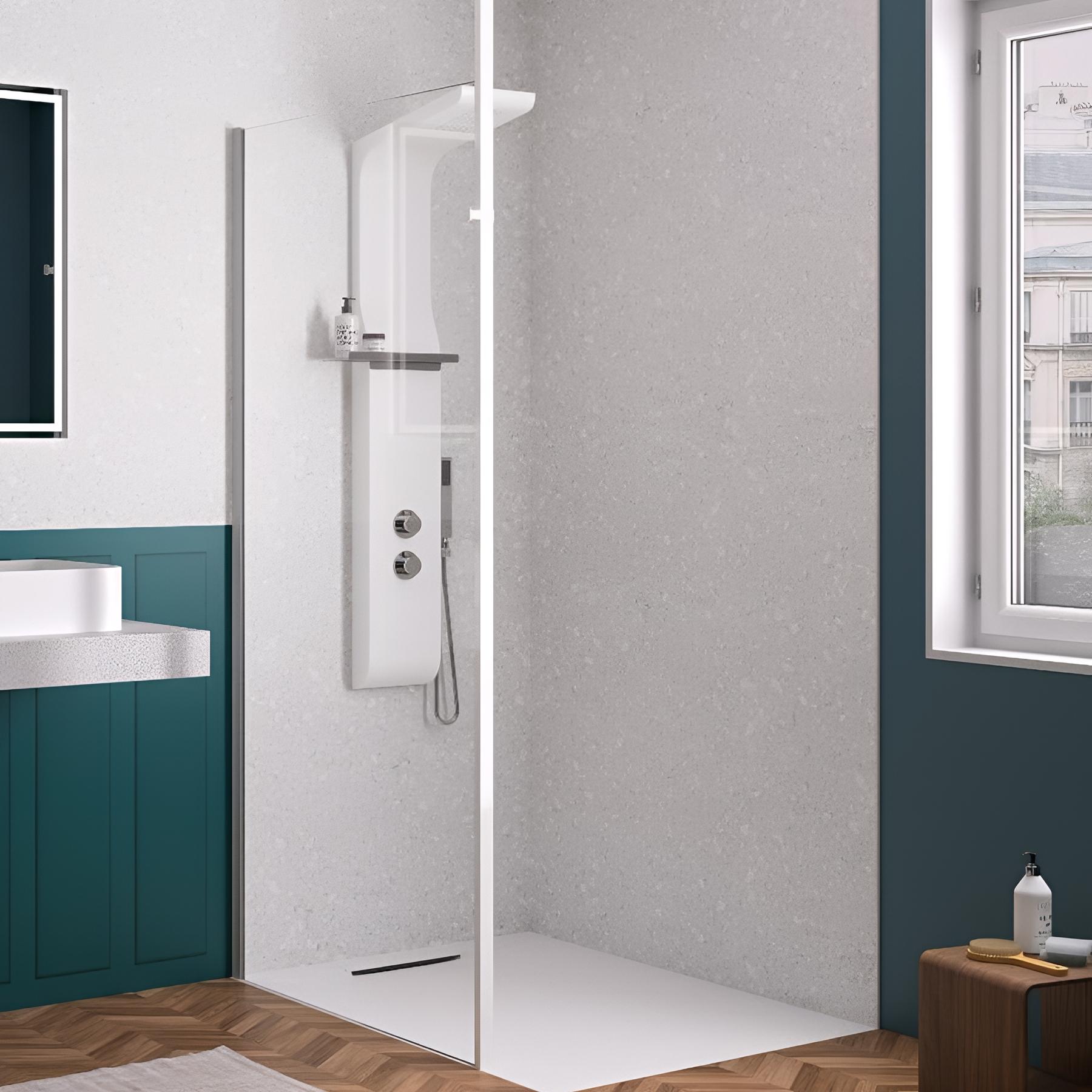 Panneau mural salle de bain hydrofuge multicouche PVC/ALU/PVC KINEDO Kinéwall Design épaisseur 3 mm 100x202 mixte bleu nuit + terrazzo gris