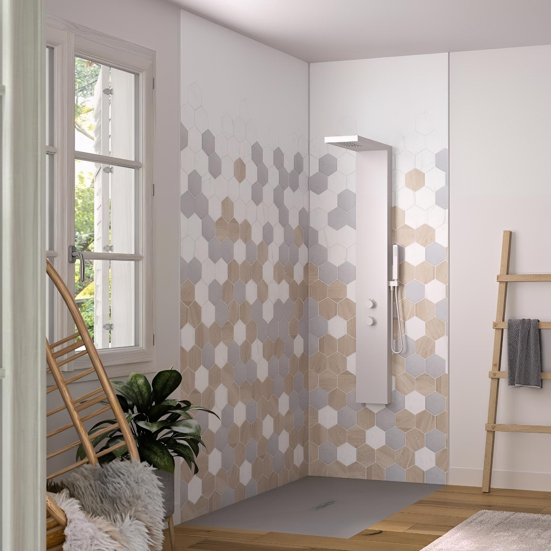 Panneau mural salle de bain hydrofuge multicouche PVC/ALU/PVC KINEDO Kinéwall Design épaisseur 3 mm 100x250 tomette trilogy