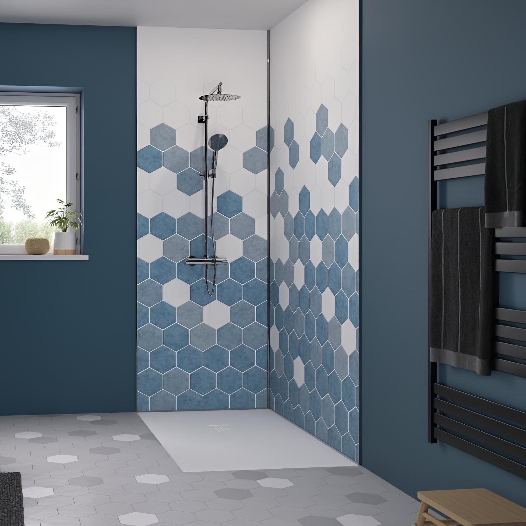 Panneau Mural Salle de Bain Kinedo KINEWALL ép. 3mm L 125cm H 202cm couleur Tomette Camaïeu Bleu