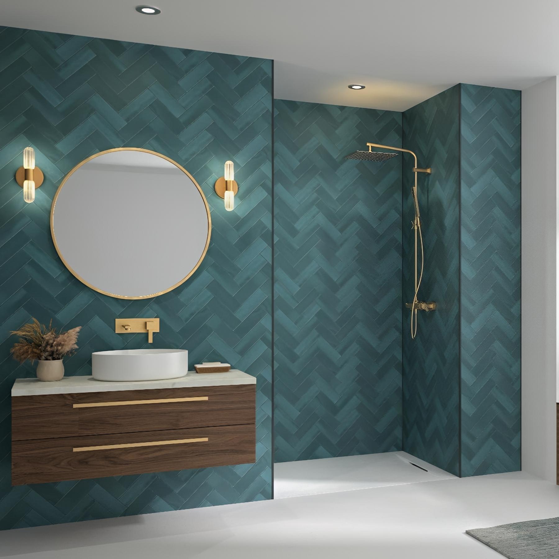 Panneau mural salle de bain hydrofuge multicouche PVC/ALU/PVC KINEDO Kinéwall Design épaisseur 3 mm 100x250 zellige lagon chevrons