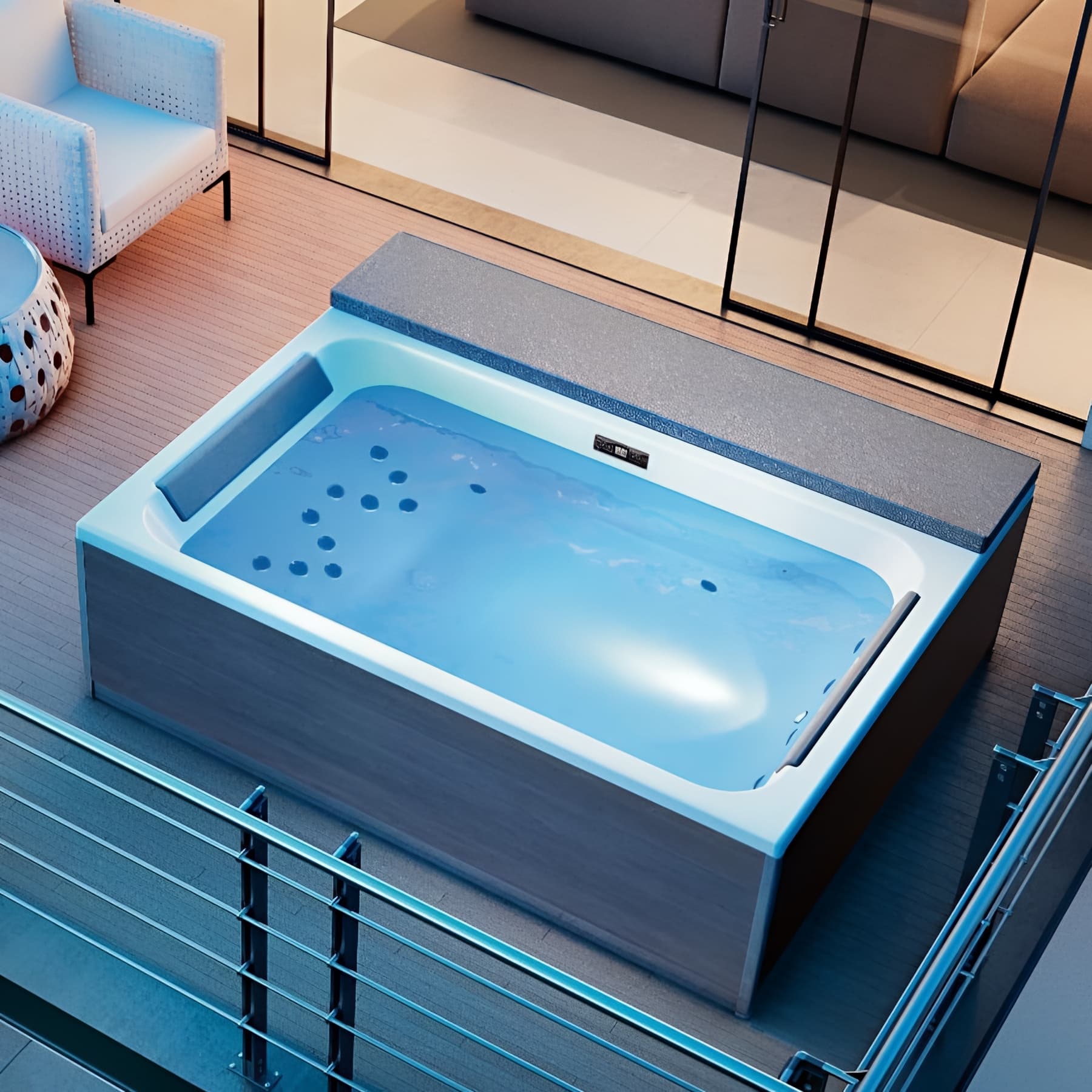 Spa relaxant 2 places Magic Spa+ à poser pompe 2 vitesse couverture thermique chromothérapie bluetooth tête à droite  tablier 4 faces BOIS FONCE