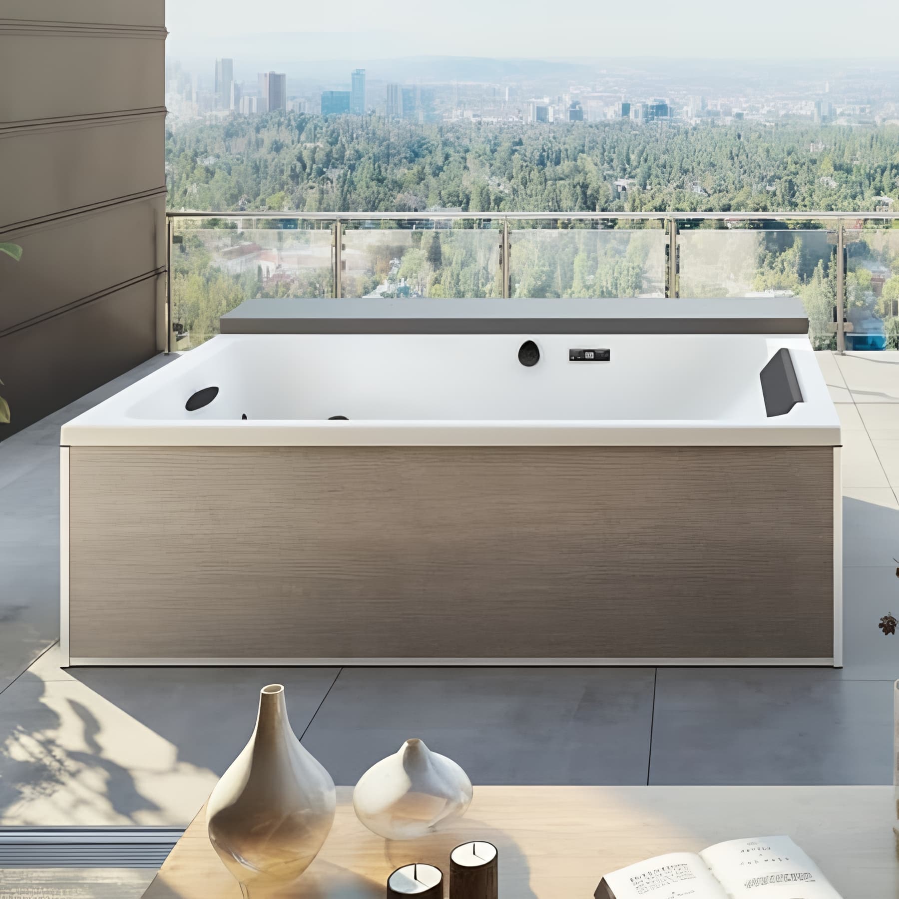 Happy Spa 2 places coque blanche livré avec tablier BOIS CLAIR couverture thermique et chromothérapie