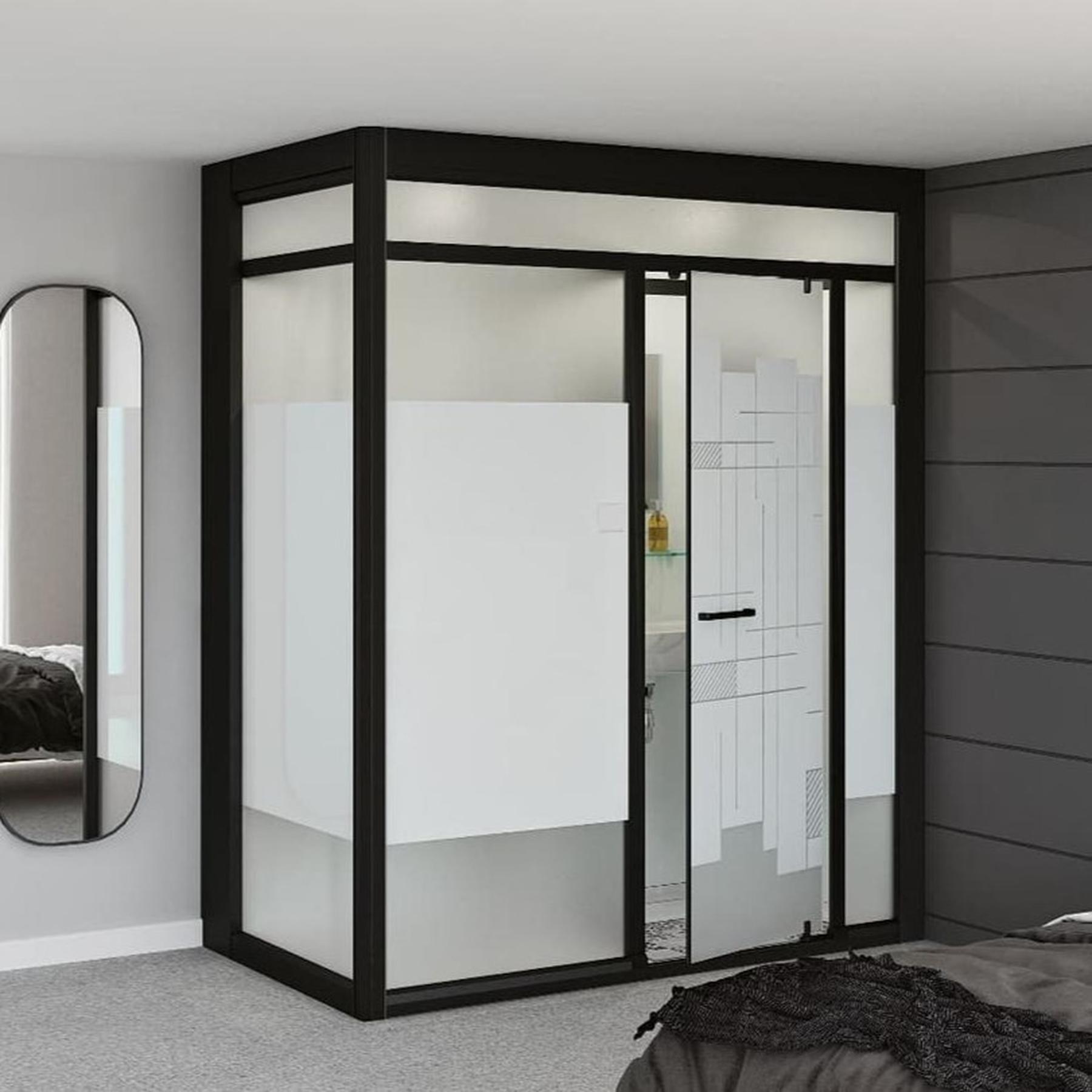 Salle de bain d'angle Kinedo MODULO Luxe 170x100 haute douche à gauche, meuble vasque, sèche serviettes à droite noir verre blanc dépoli