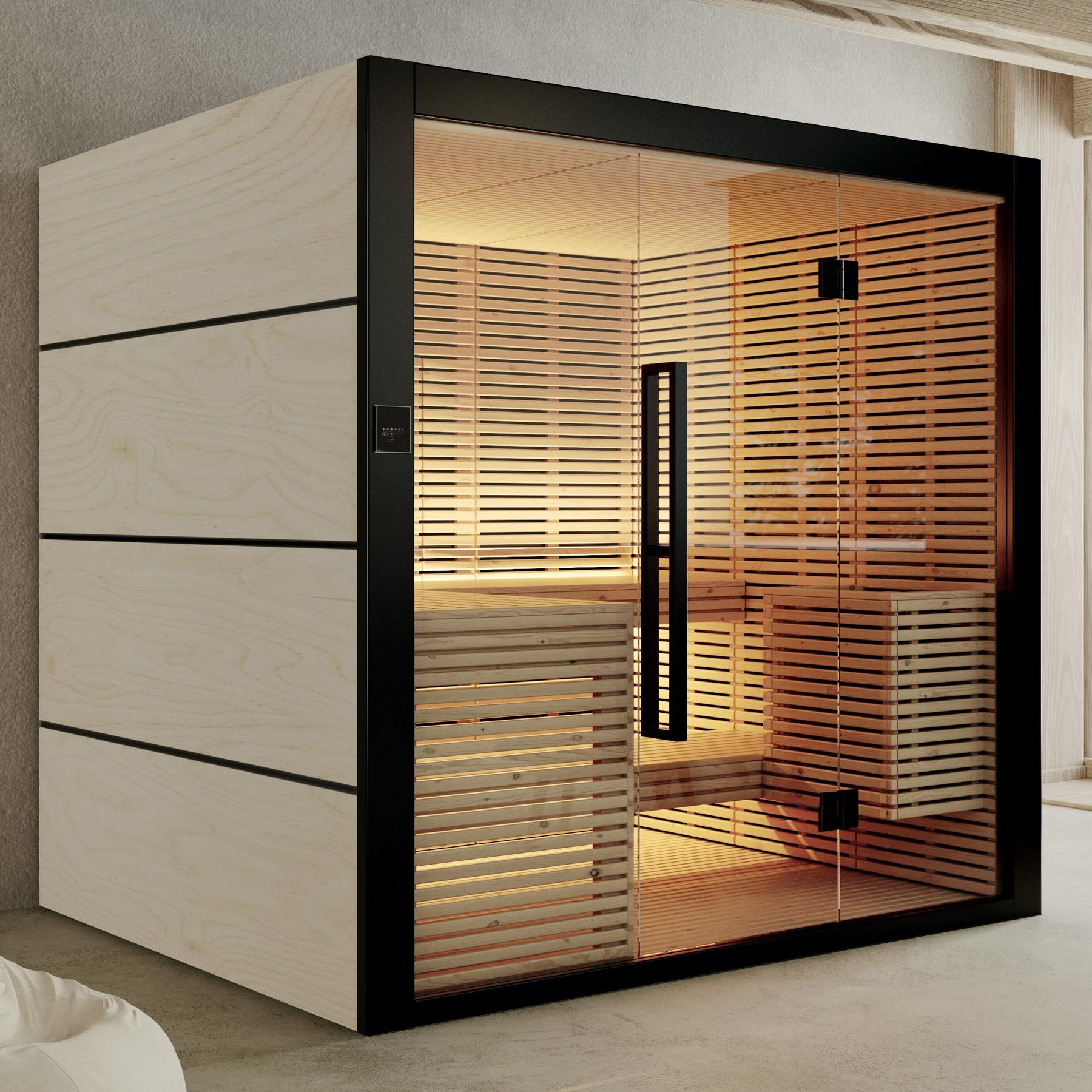 SAUNA KINEDO NEXT 149,5x107x210, intérieur Tilleul extérieur Peuplier, kit infrarouge à spectre, banc avec appui tête, porte verre,chromothérapie