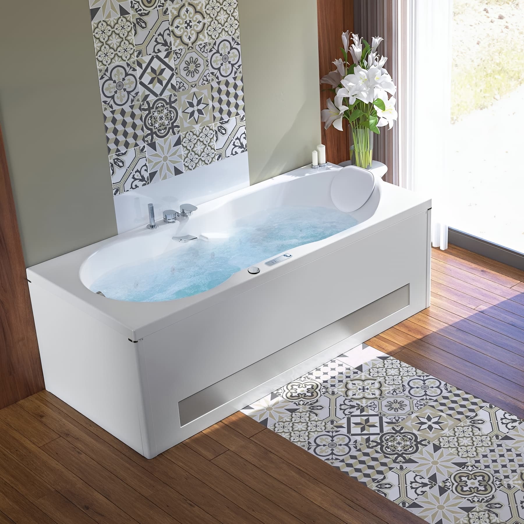 Baignoire droite KINÉDO ROMANZA 170x75 tête bain à gauche sur châssis métallique