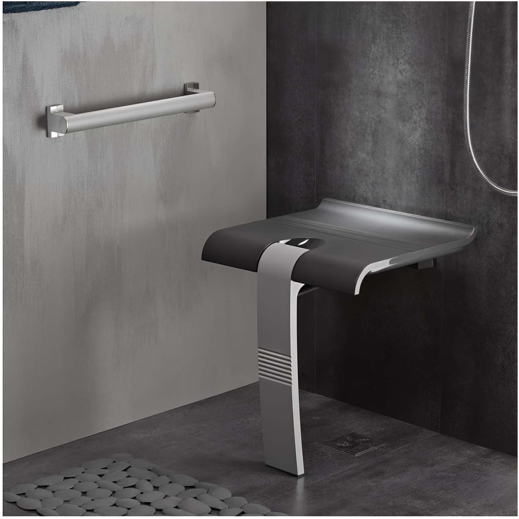 Siège de douche PMR normes handicapé Gamme PRO PELLET escamotable 442X450X500 pied alu gris assise ABS anthracite