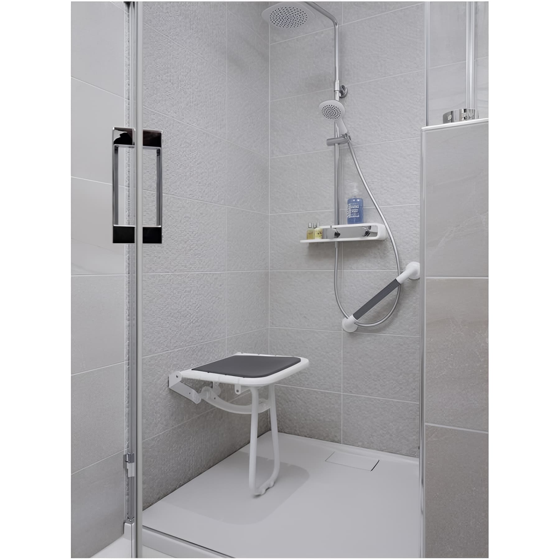 Siège de douche PMR normes handicapé Gamme PRO PELLET 4 lattes blanc avec coussin gris et béquille blanc H longueur 50cm