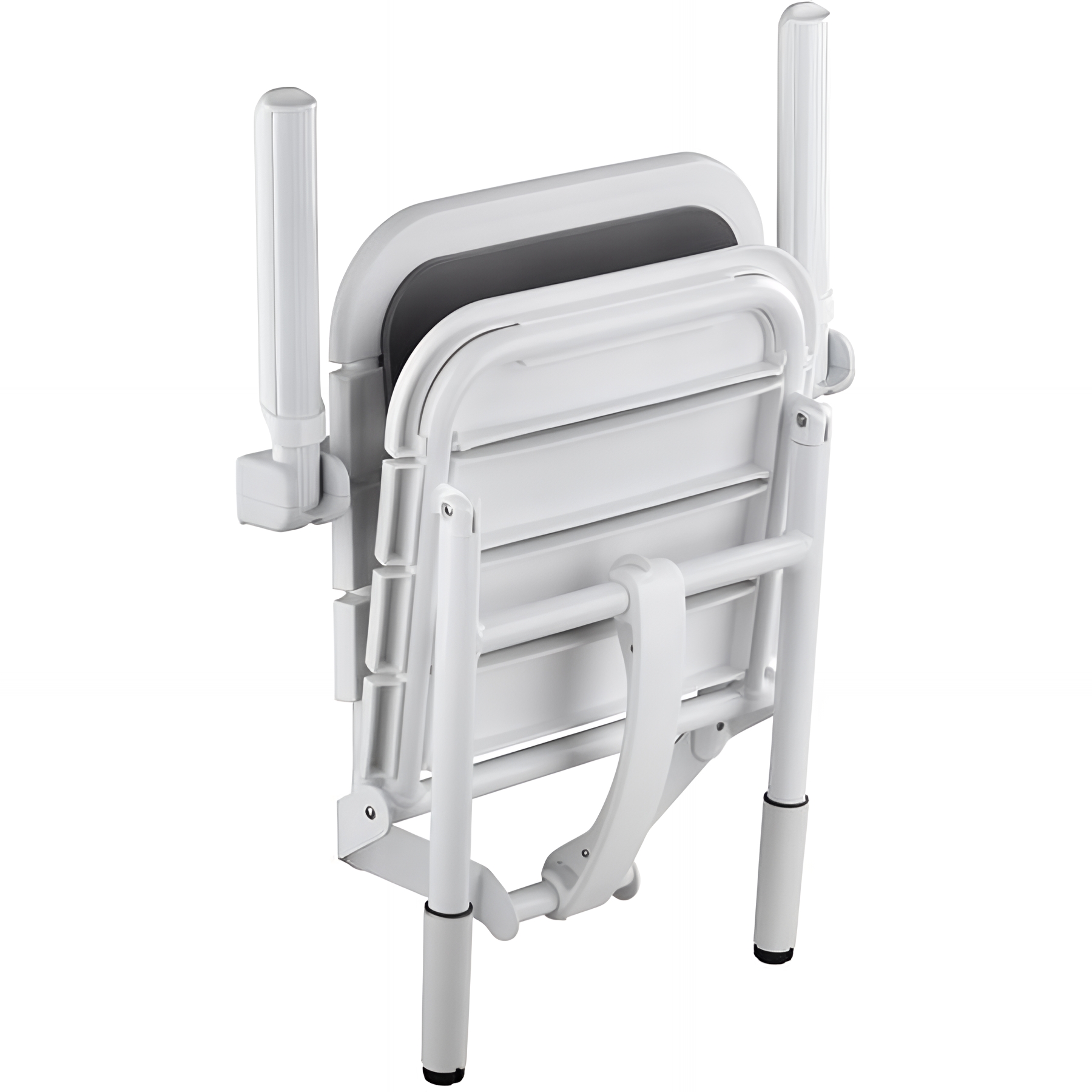 Siège de douche PMR normes handicapé Gamme PRO PELLET 4 lattes ht réglable dossier accoudoirs blanc coussins gris