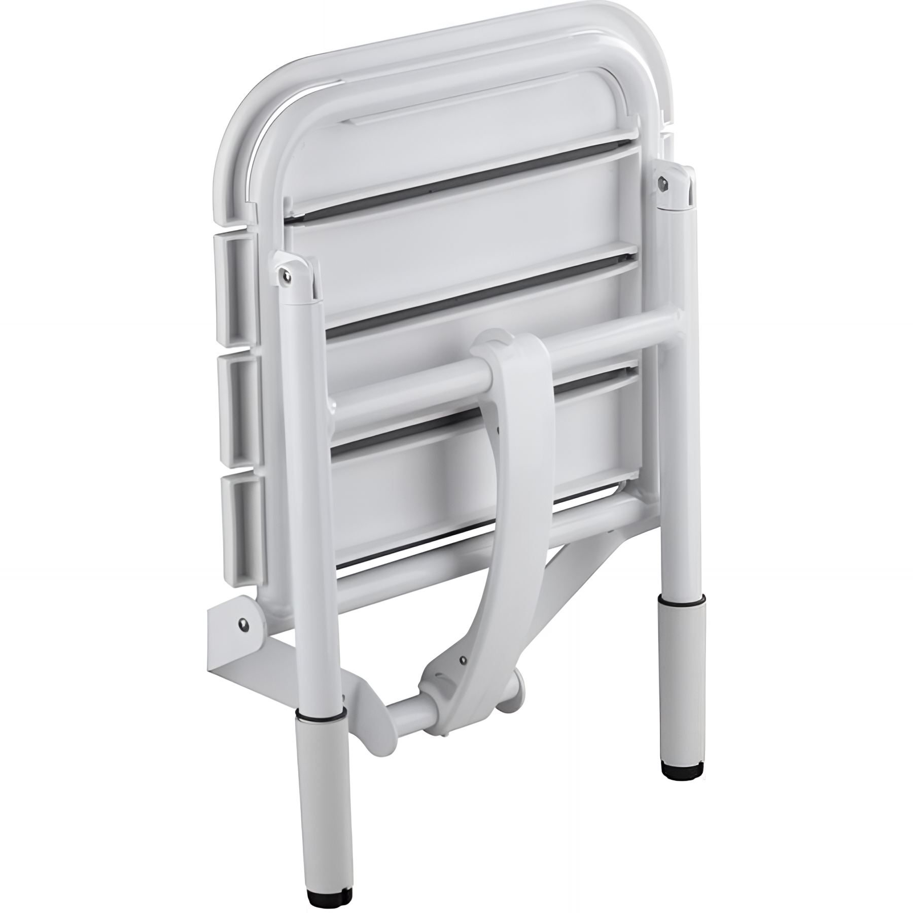 Siège de douche PMR normes handicapé Gamme PRO PELLET 4 lattes blanc avec coussin gris et pieds réglables en hauteur