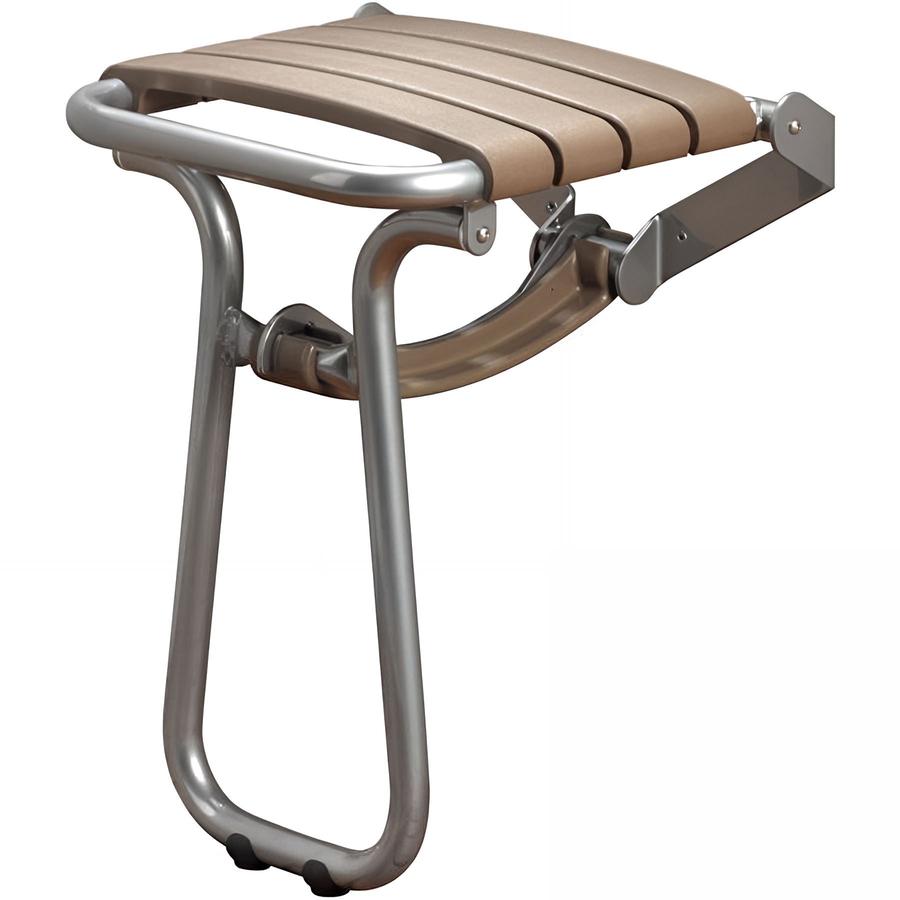 Siège de douche PMR normes handicapé Gamme PRO PELLET 4 lattes taupe avec béquille gris chrome H450 mm alu Ø 25mm